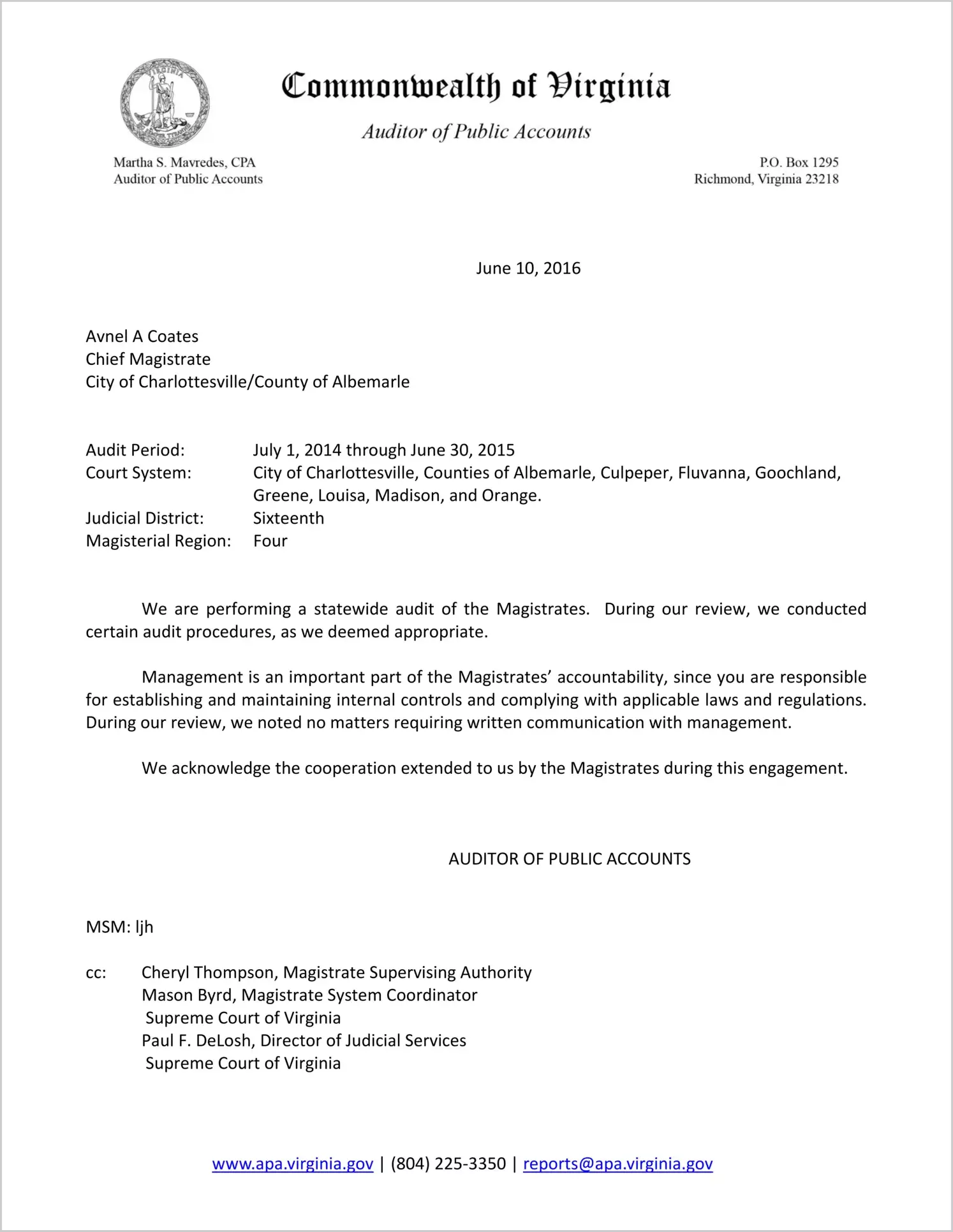 Magistrate for the County of Albemarle Report on Audit for the period July 1, 2014 through June 30, 2015