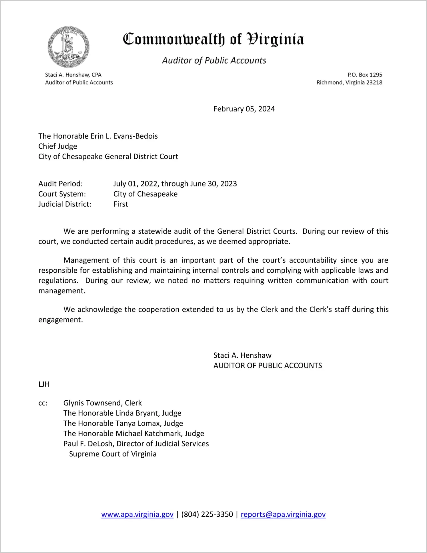 General District Court for the City of Chesapeake for the period July 1, 2022 through June 30, 2023