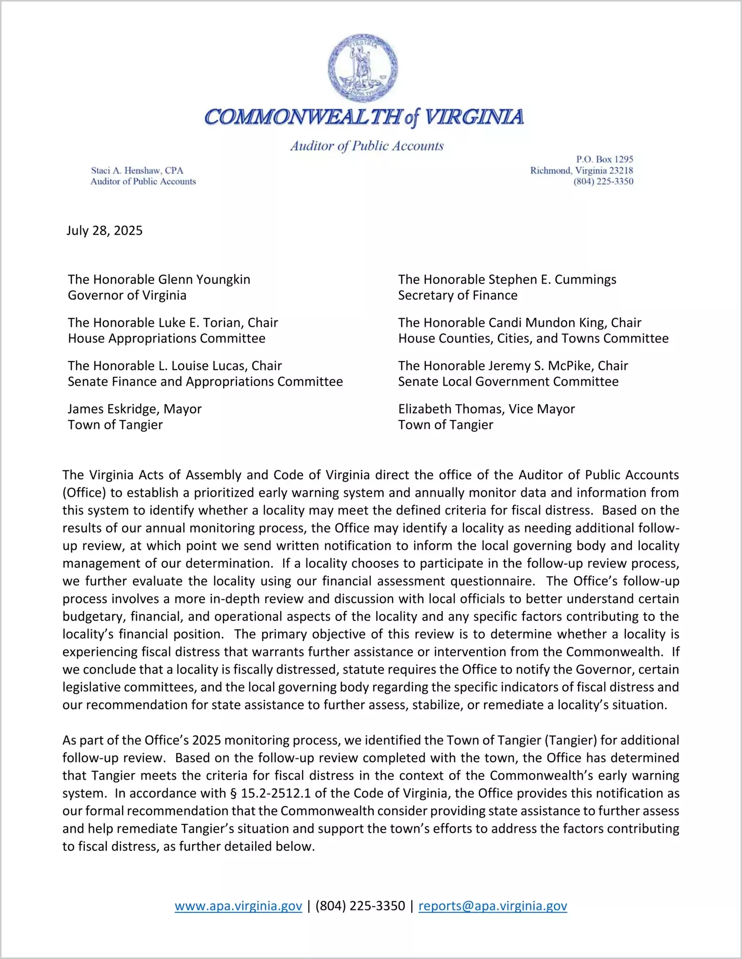 2025 Annual Monitoring Process – Recommendation Letter for State Assistance for the Town of Tangier