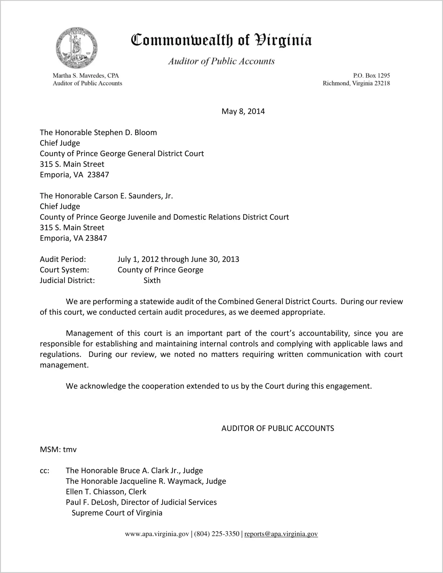 Clerk of the Combined General District Court for the County of Prince George Report on Audit for the period July 1, 2012 through June 30, 2013