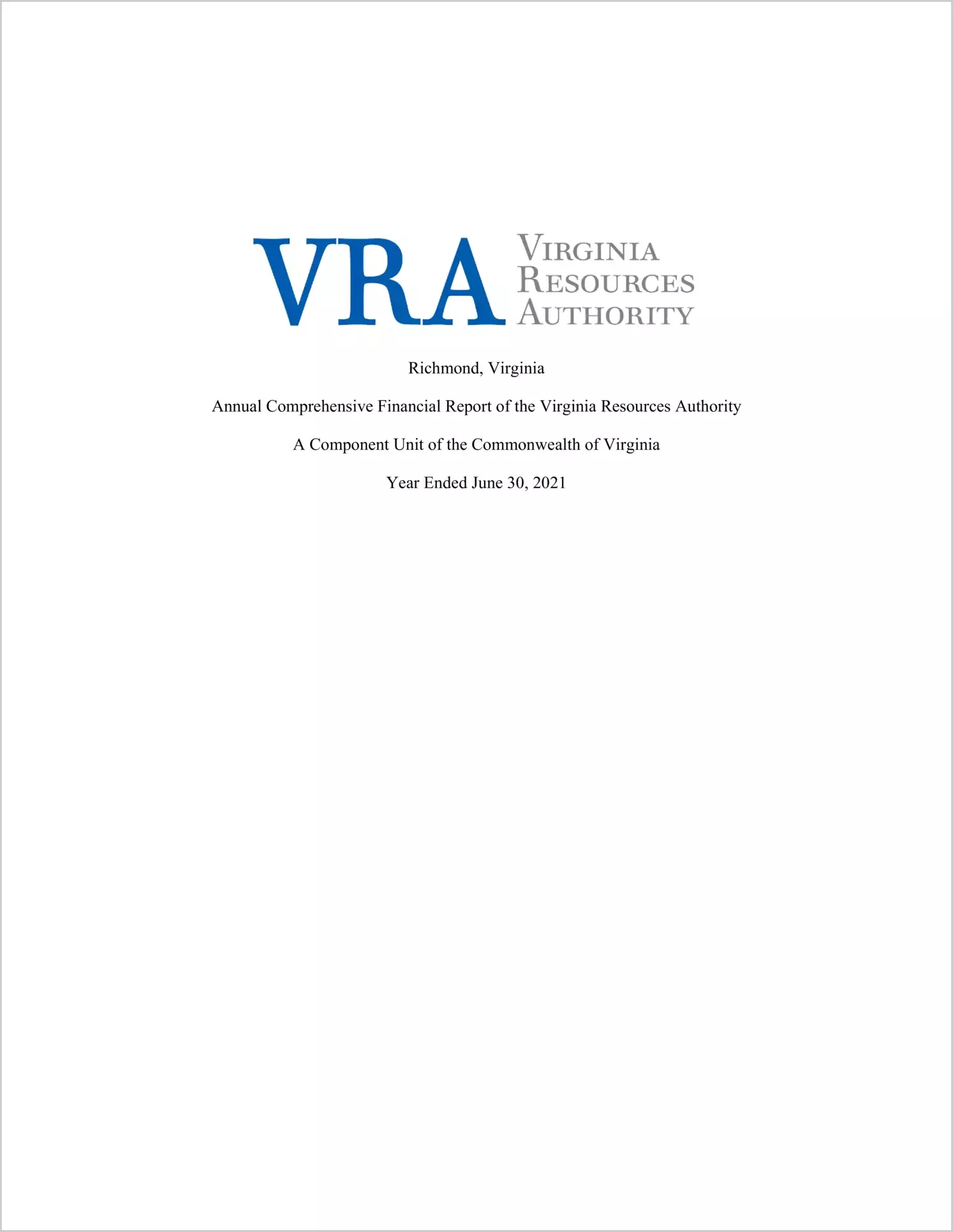Virginia Resources Authority Financial Statements for the fiscal year ended June 30, 2021