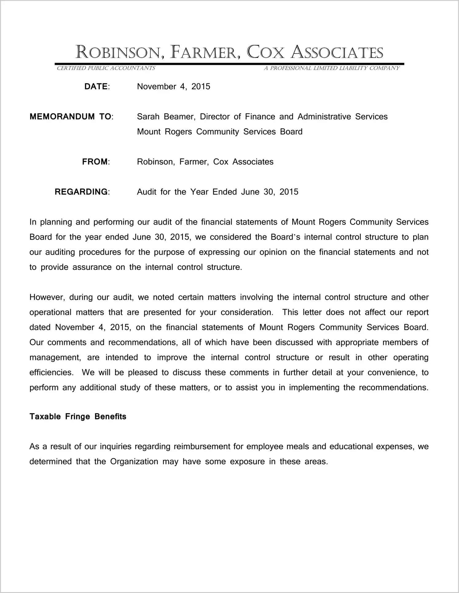 2015 ABC/Other Management Letter for Mount Rogers Community Services Board