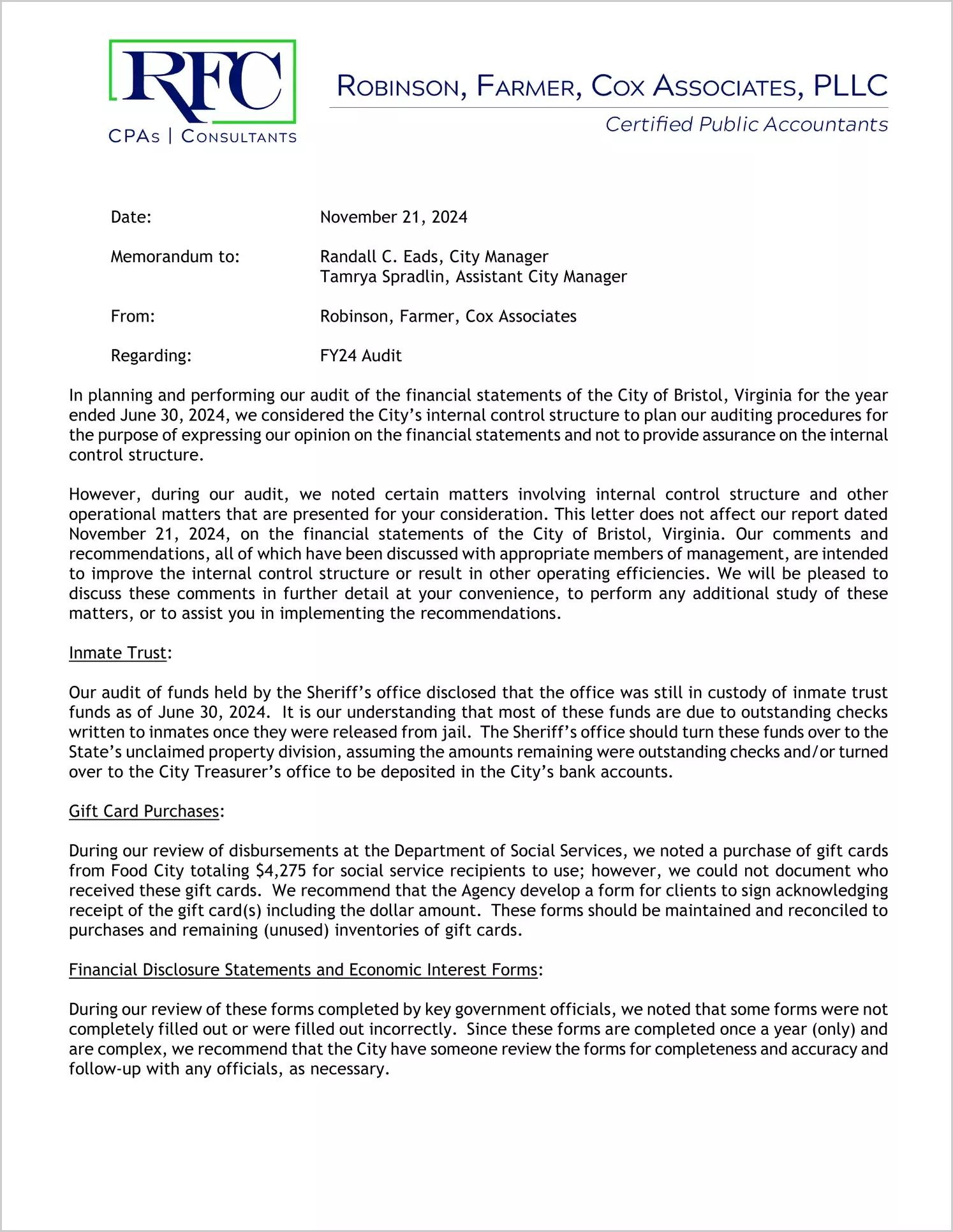 preview of 2024 Management Letter for City of Bristol