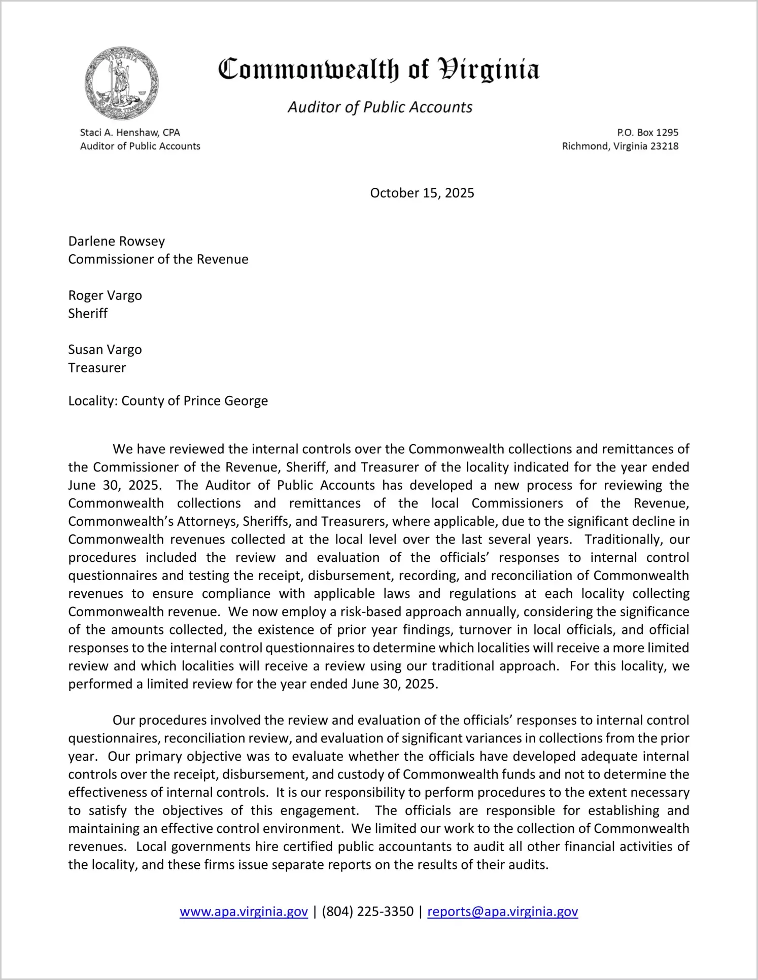 Commonwealth Collections and Remittances of the Commissioner of the Revenue, Sheriff, and Treasurer for the County of Prince George for the year ended June 30, 2025