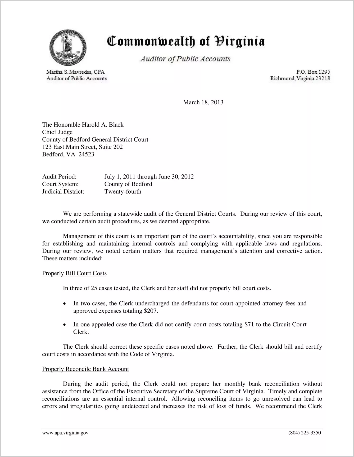 Clerk of the General District Court for the County of Bedford Report on Audit for the period July 1, 2011 through June 30, 2012