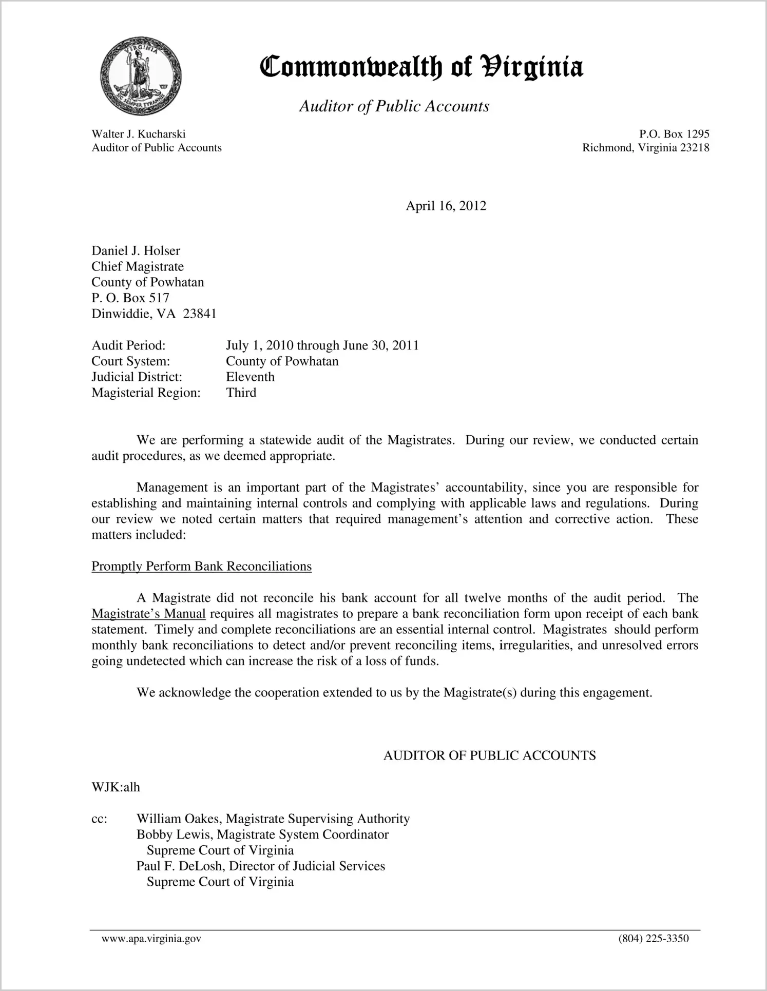 Magistrate for the County of Powhatan for the period July 1, 2010 through June 30, 2011