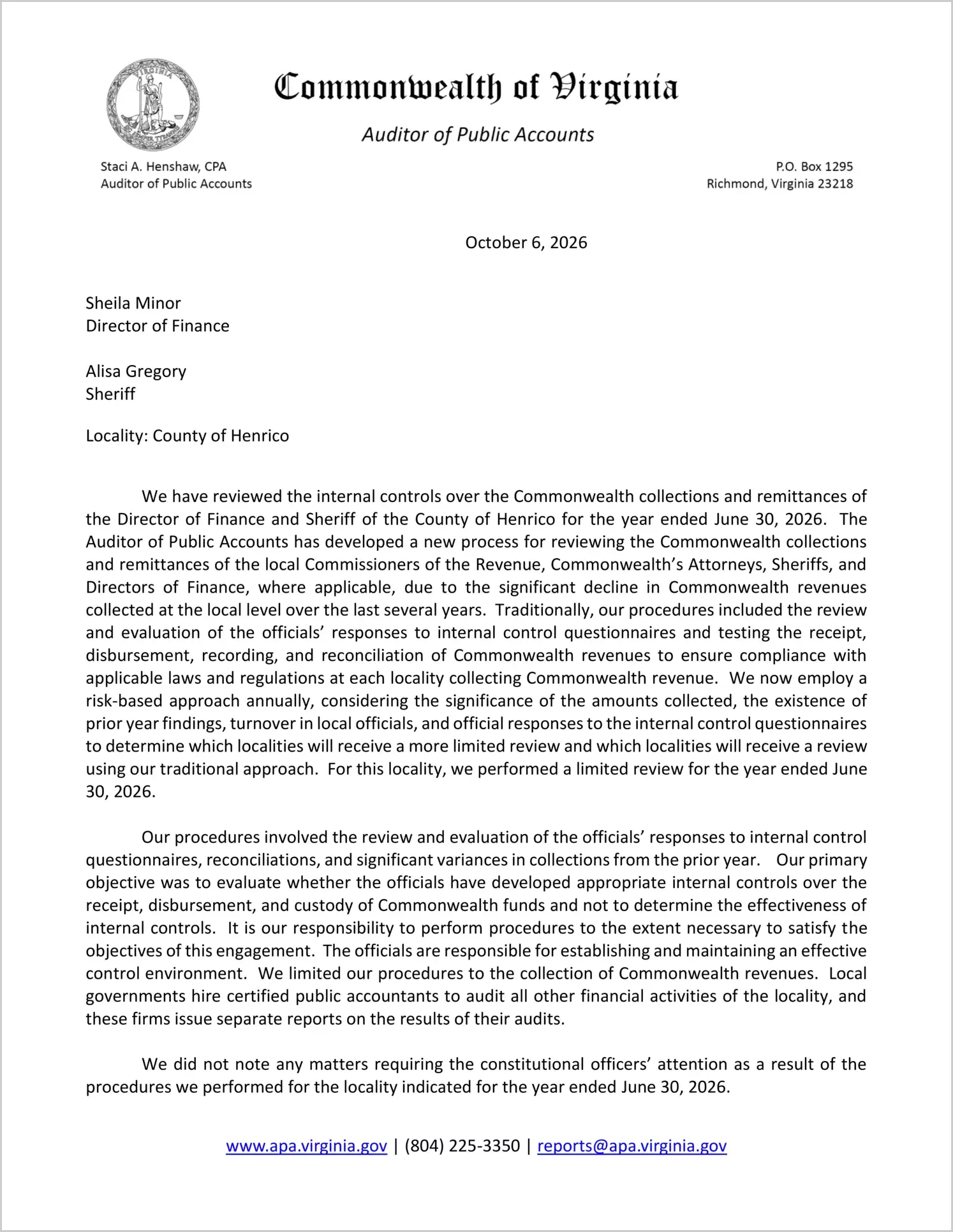 preview of Commonwealth Collections and Remittances of the Director of Finance and Sheriff for the County of Henrico for the year ended June 30, 2026