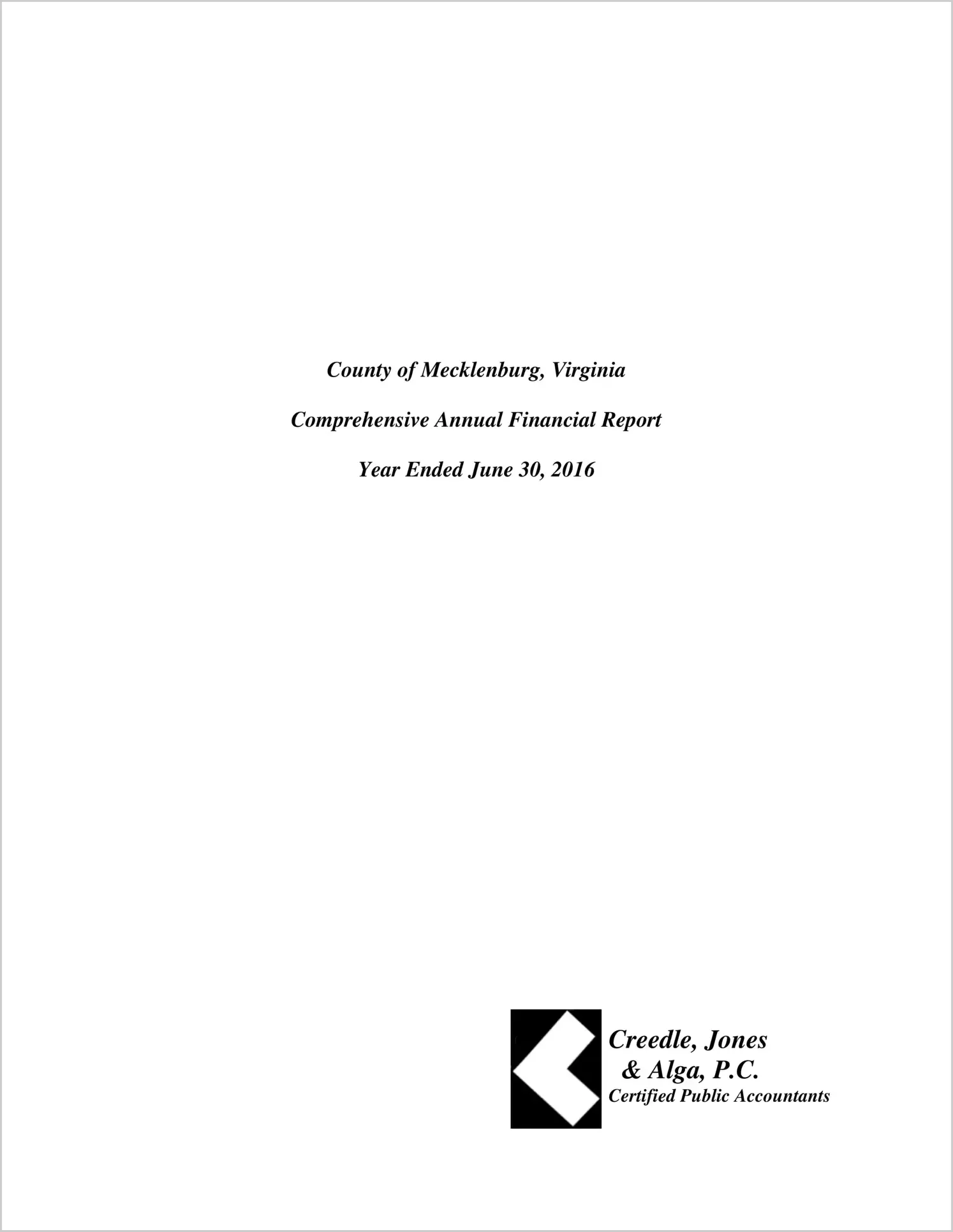 2016 Annual Financial Report for County of Mecklenburg