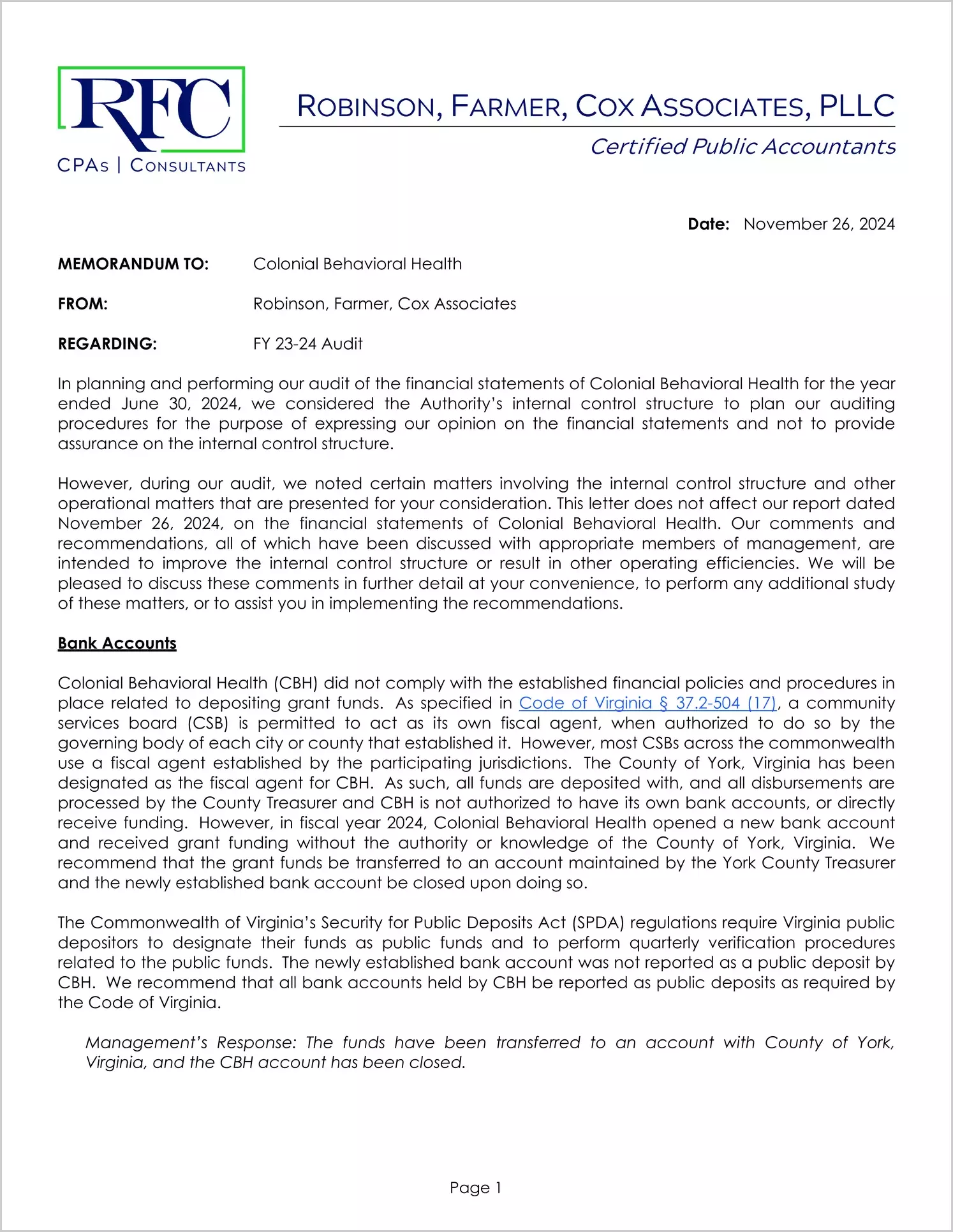 preview of 2024 ABC/Other Management Letter for Colonial Behavioral Health