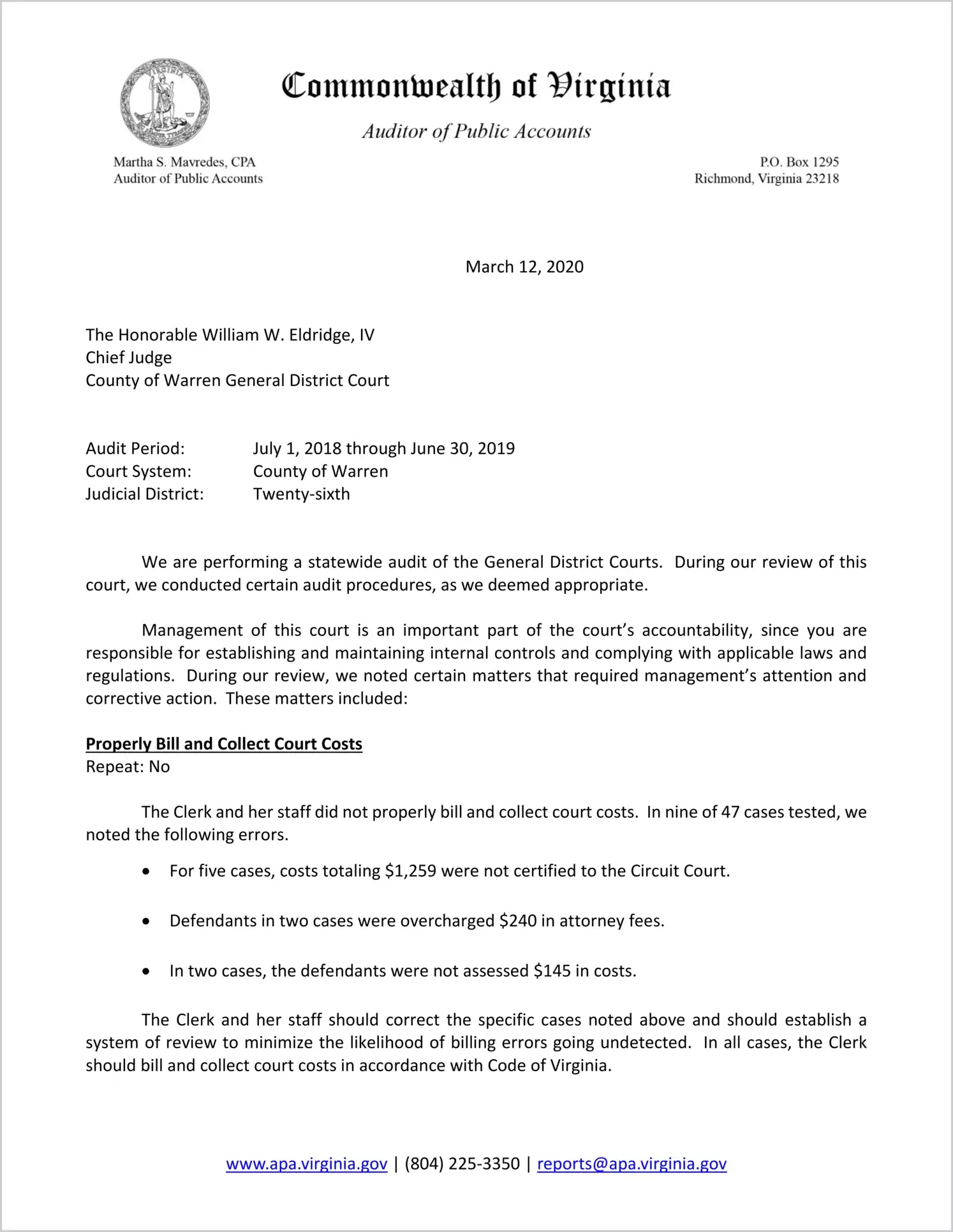 General District Court for the County of Warren for the period July 1, 2018 through June 30, 2019