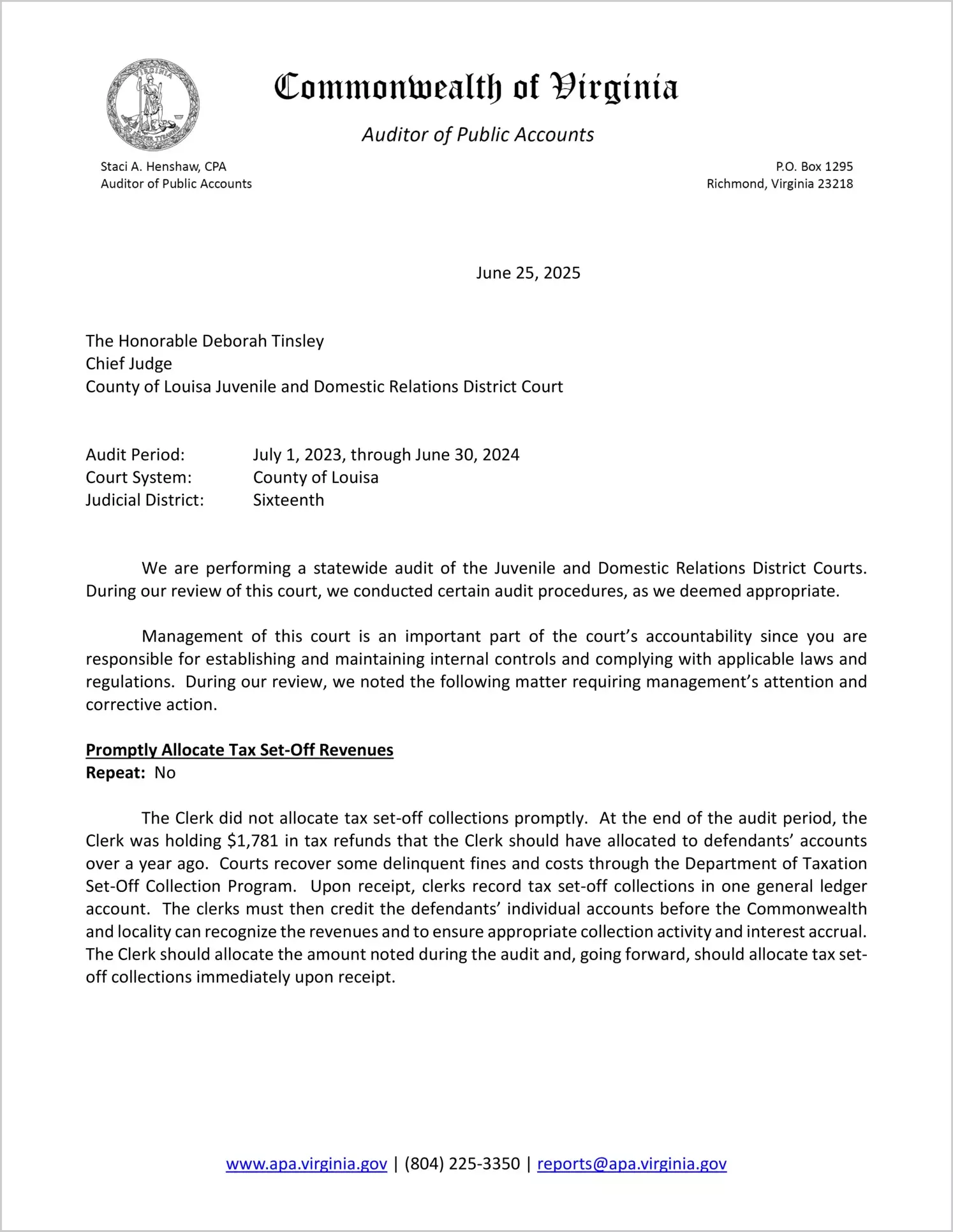 Juvenile and Domestic Relations District Court for the County of Louisa for the period July 1, 2023 through June 30, 2024