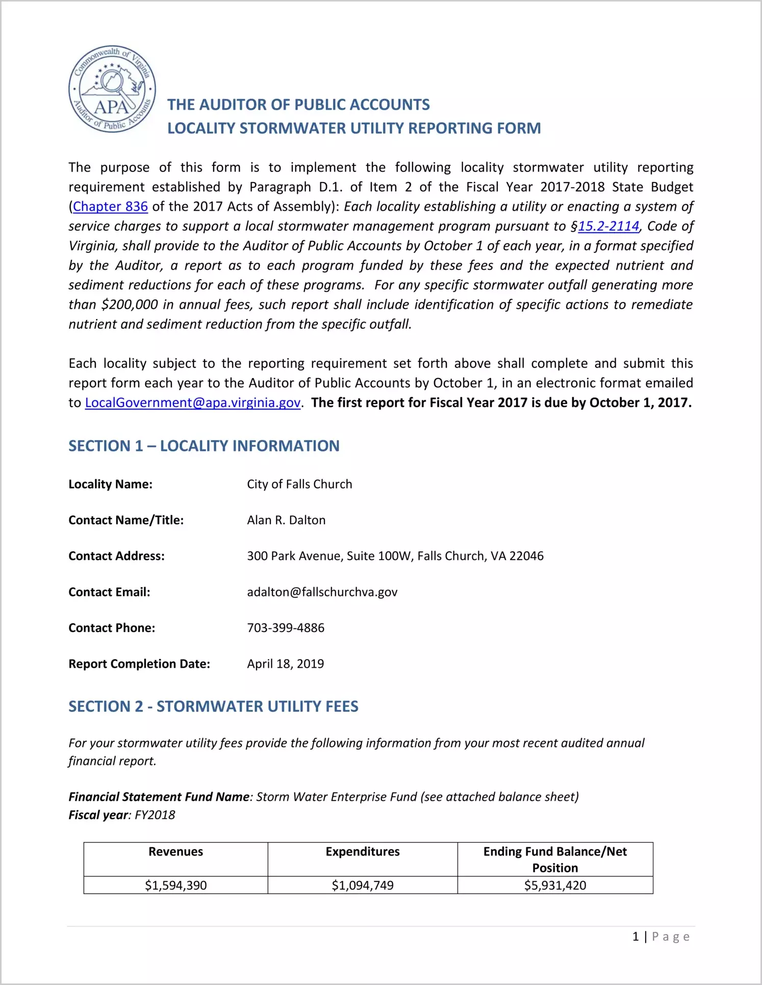 2018 Stormwater Utility Report for City of Falls Church
