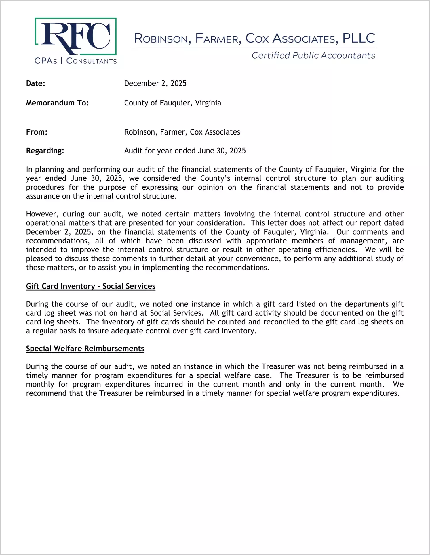 preview of 2025 Management Letter for County of Fauquier