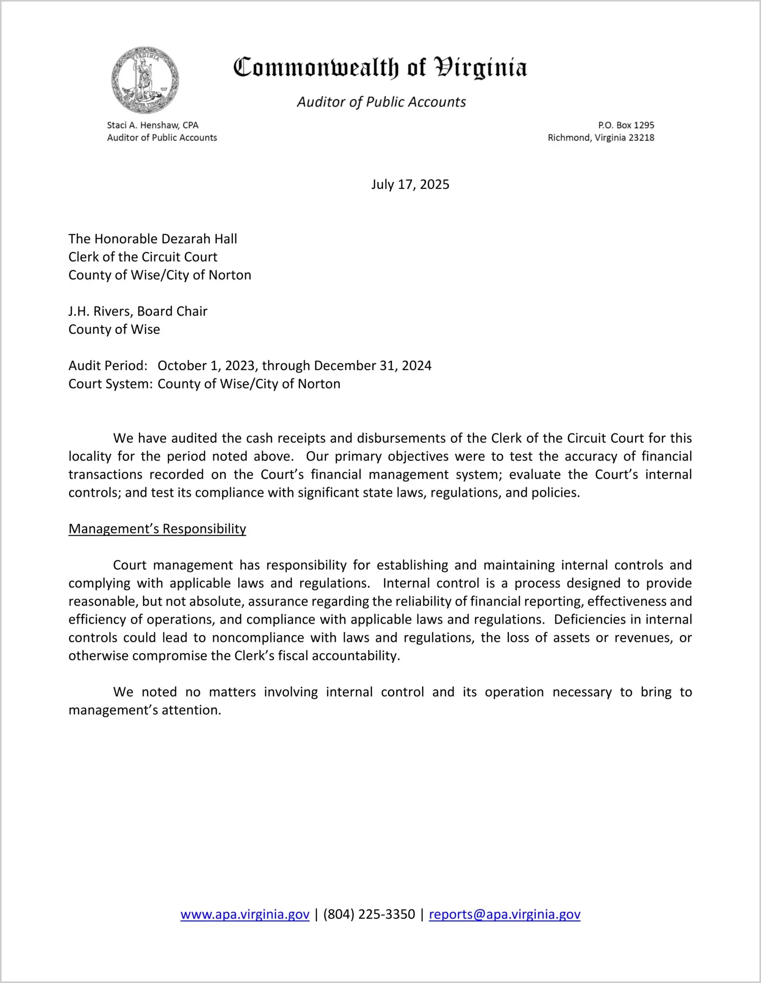Clerk of the Circuit Court for the County of Wise and City of Norton for the period October 1, 2023 through December 31, 2024