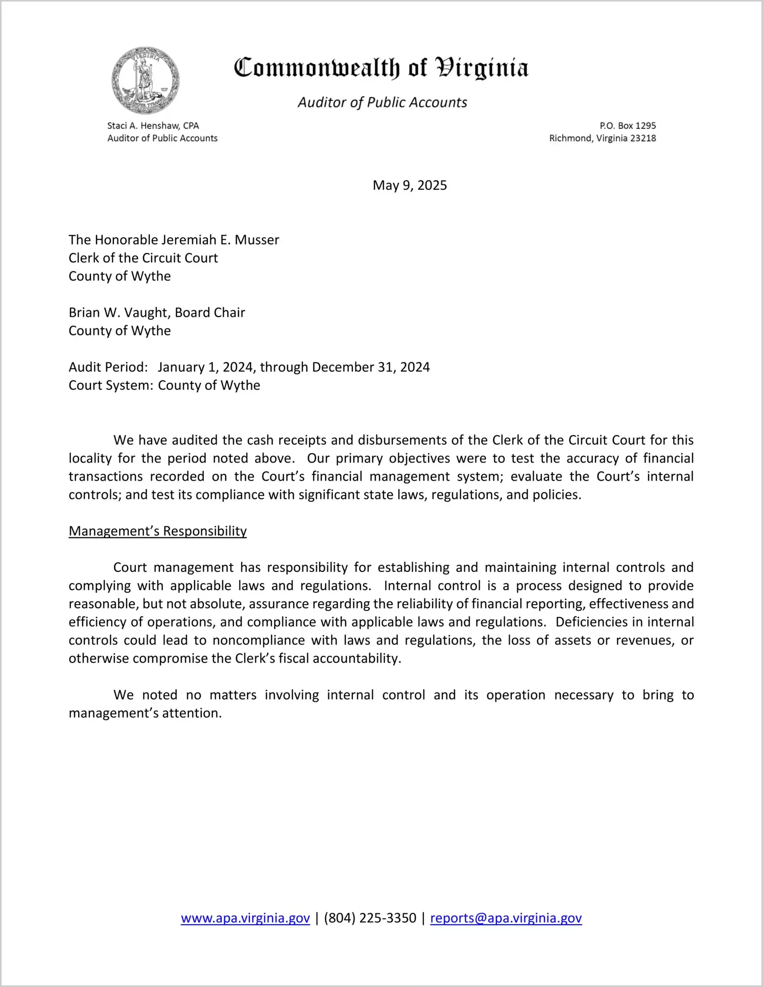 Clerk of the Circuit Court for the County of Wythe for the period January 1, 2024 through December 31, 2024