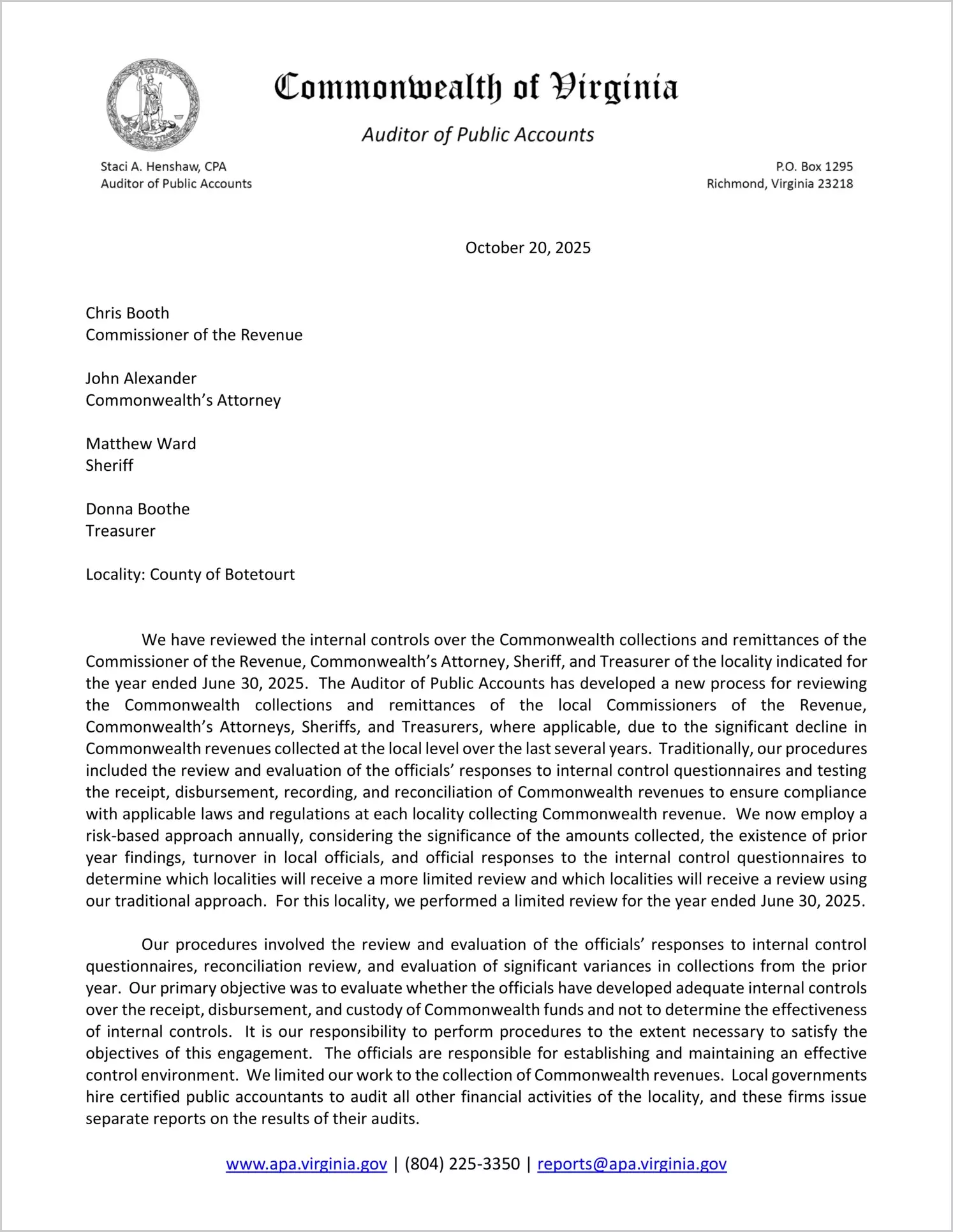 Commonwealth Collections and Remittances of the Commissioner of the Revenue, Commonwealth's Attorney, Sheriff, and Treasurer for the County of Botetourt for the year ended June 30, 2025