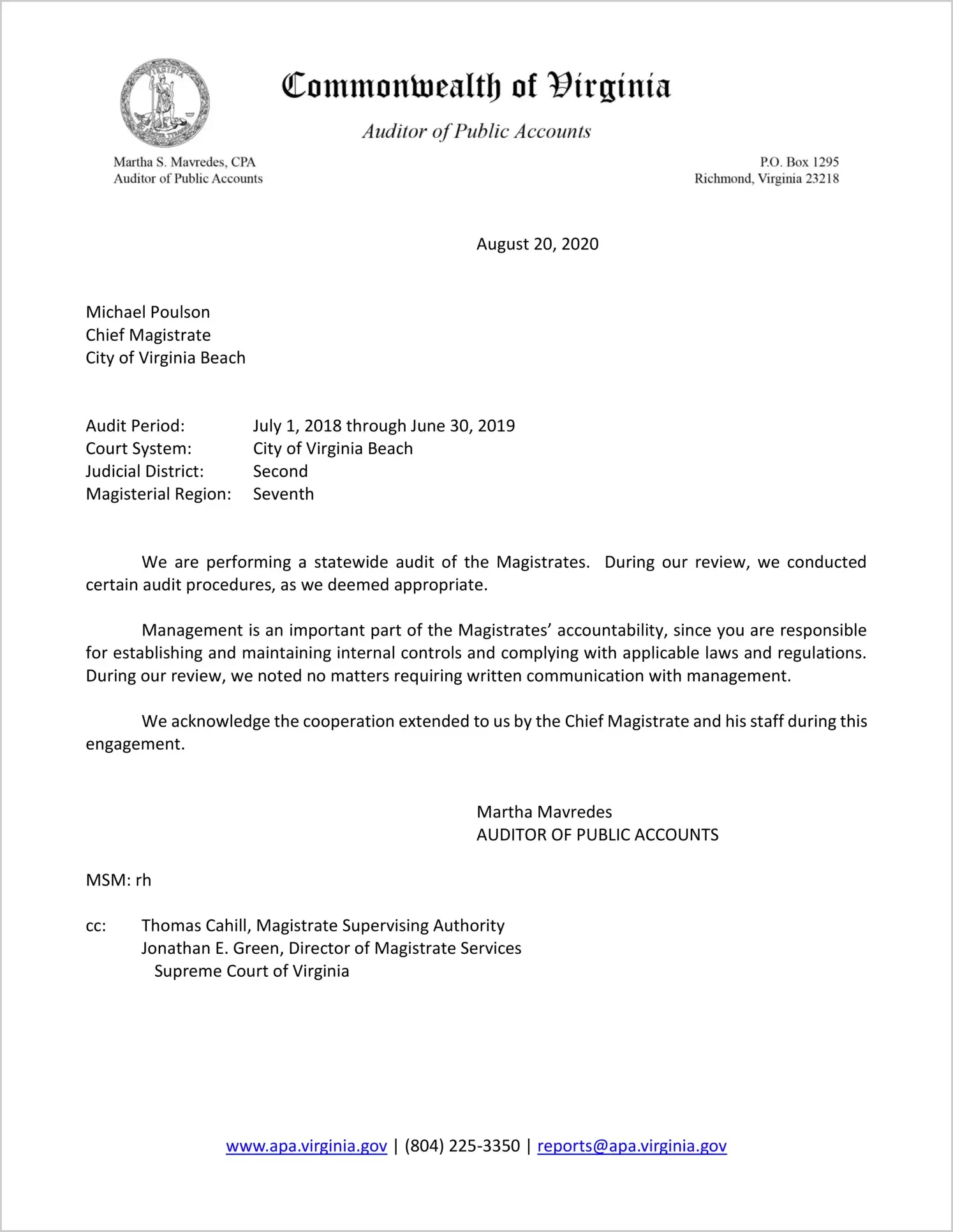 Magistrate of the Judicial District 2 for the period July 1, 2018 through June 30, 2019