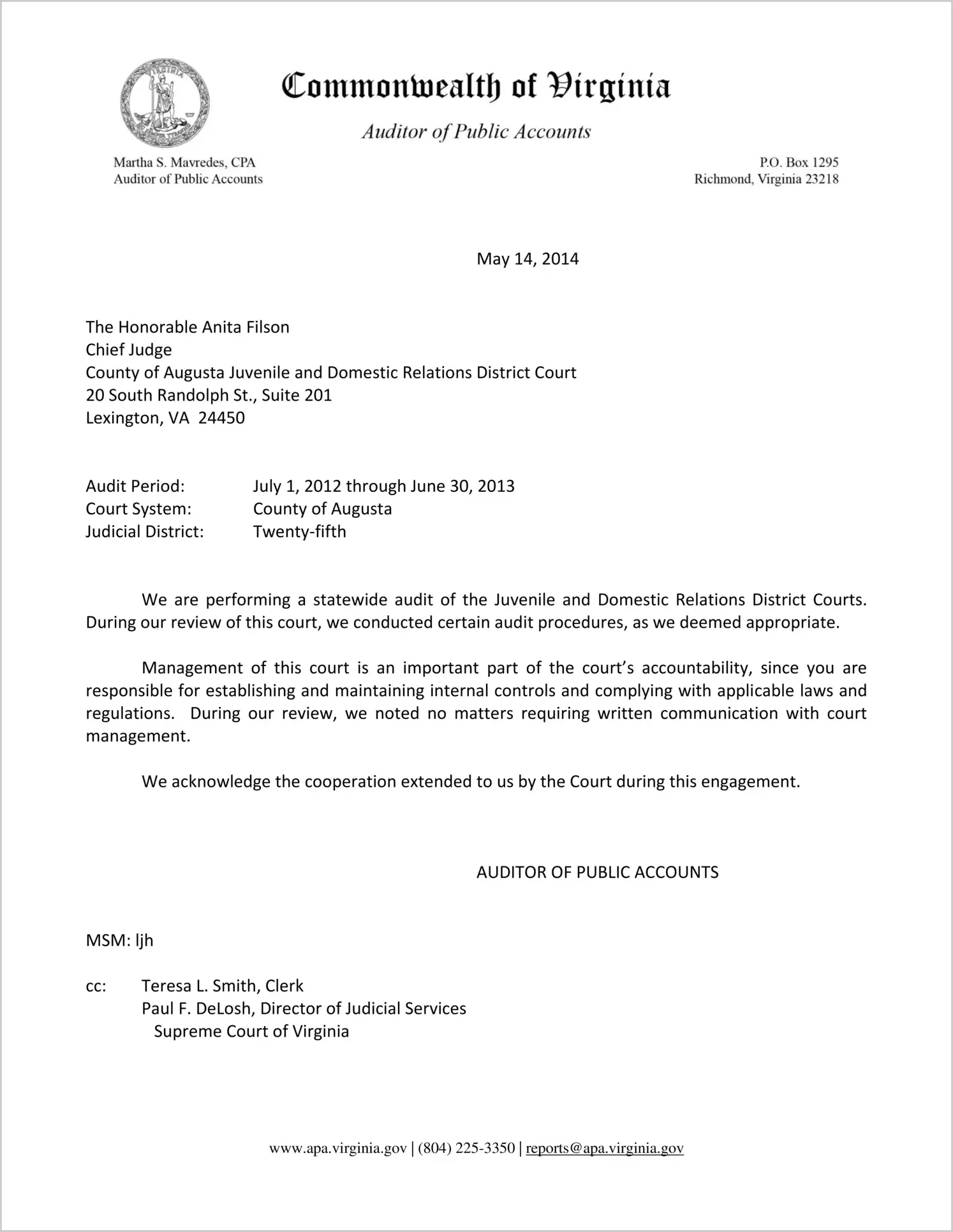 Clerk of the Juvenile and Domestic Relations Court for the County of Augusta Report on Audit for the period July 1, 2012 through June 30, 2013