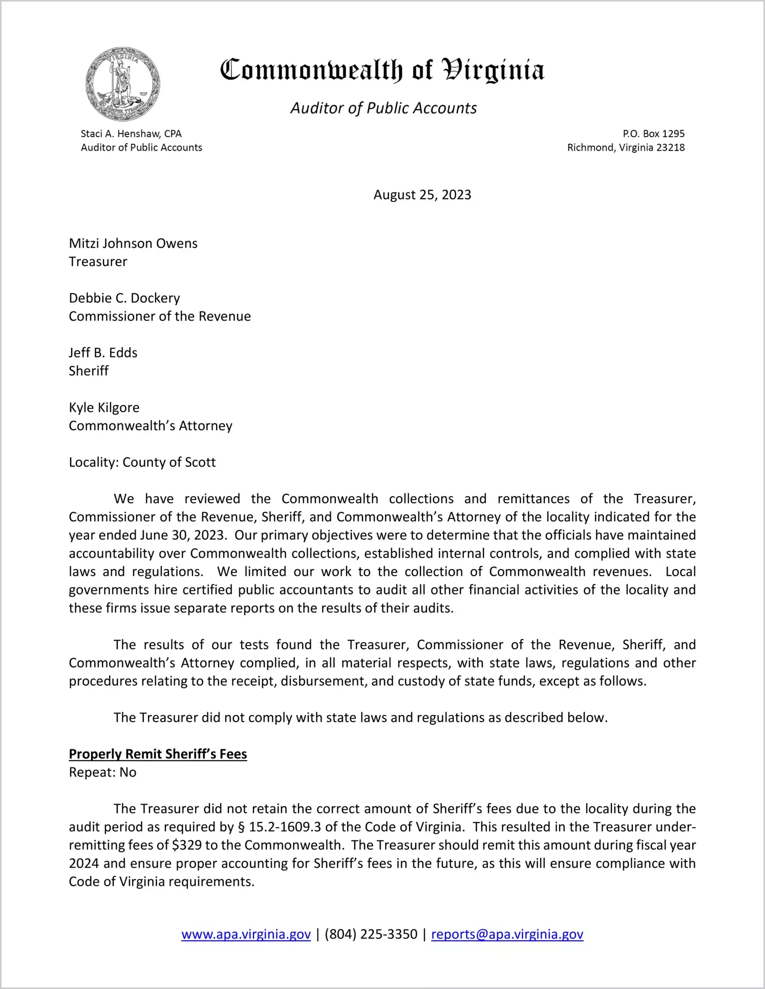 Commonwealth collections and remittances of the Treasurer, Commissioner of the Revenue, Sheriff, and Commonwealth's Attorney for the County of Scott for the year ended June 30, 2023