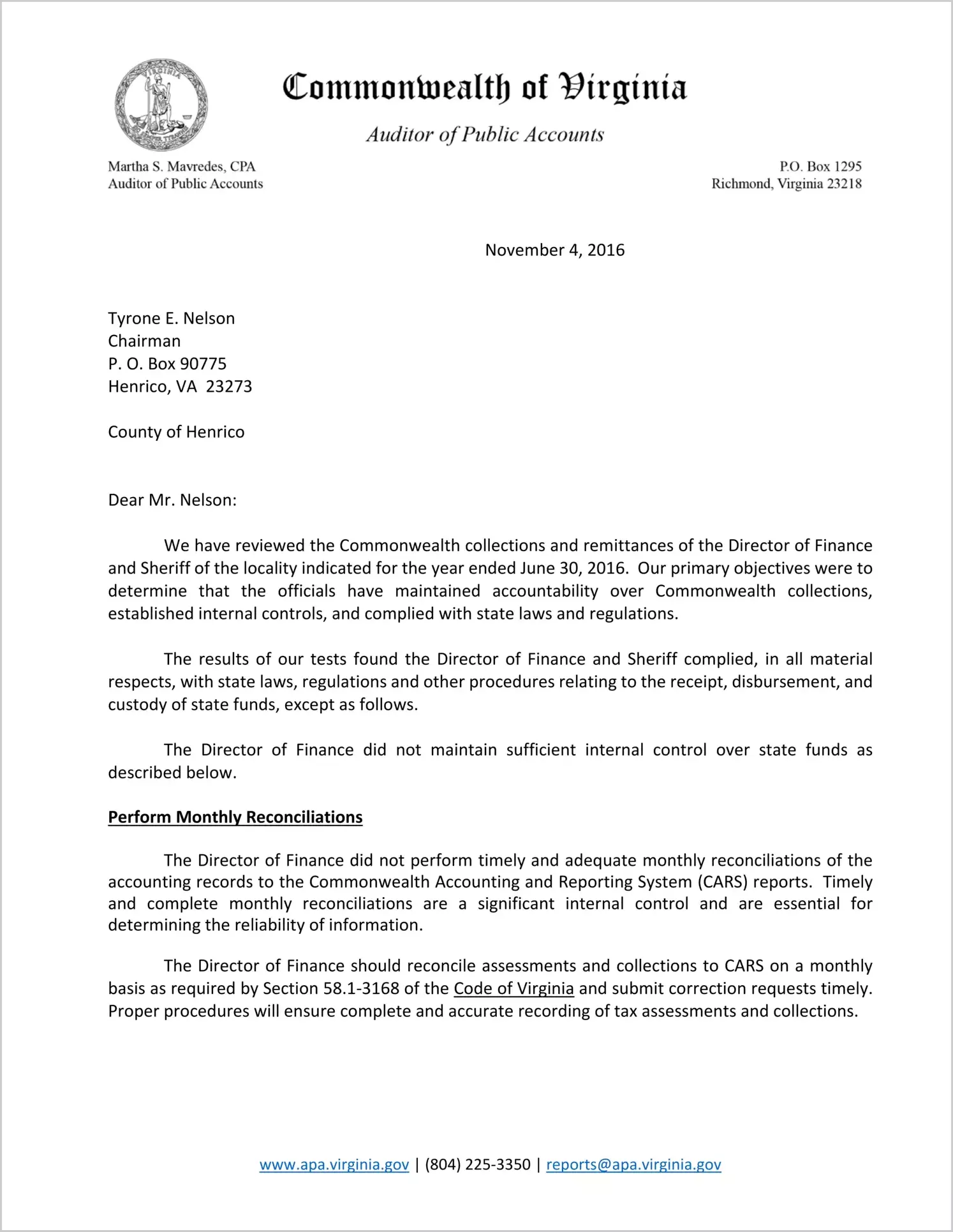 Commonwealth Collections and Remittances of the Director of Finance and Sheriff of the County of Henrico for the year ended June 30, 2016