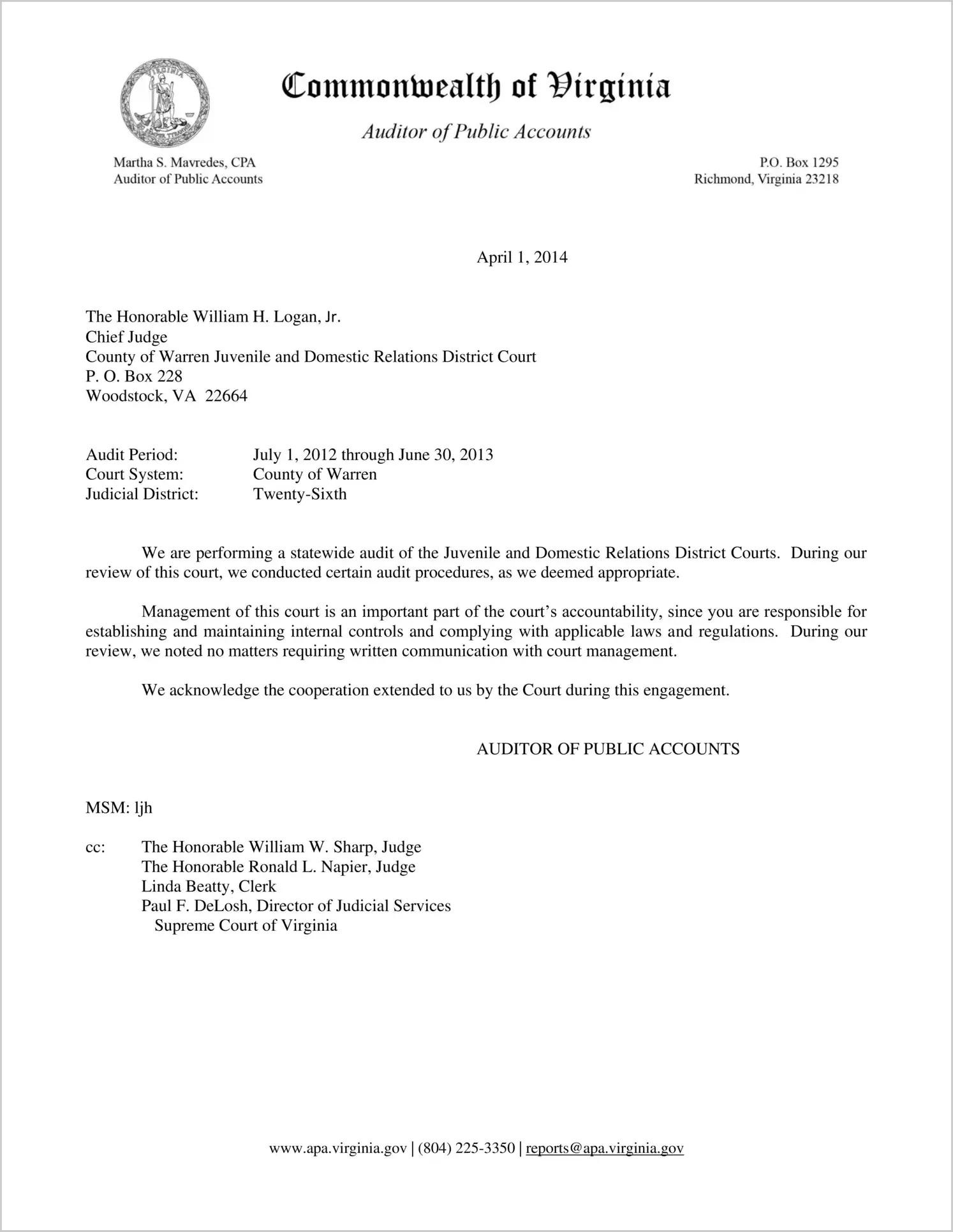 Clerk of the Juvenile and Domestic Relations Court for the County of Warren Report on Audit for the period July 1, 2012 through June 30, 2013