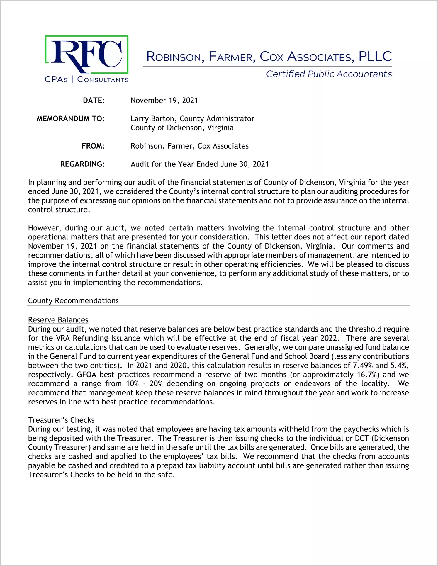 preview of 2021 Management Letter for County of Dickenson