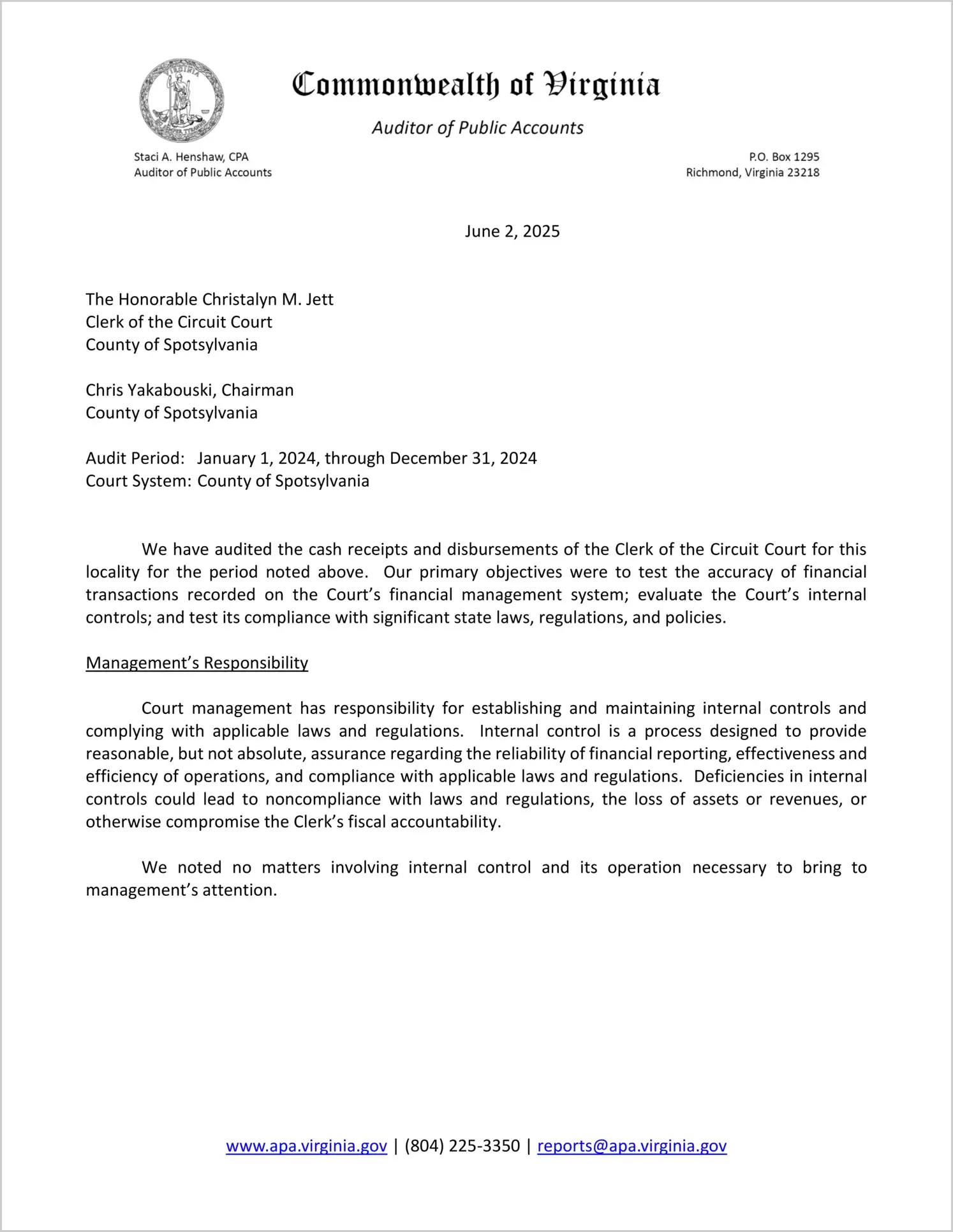Clerk of the Circuit Court for the County of Spotsylvania for the period January 1, 2024 through December 31, 2024