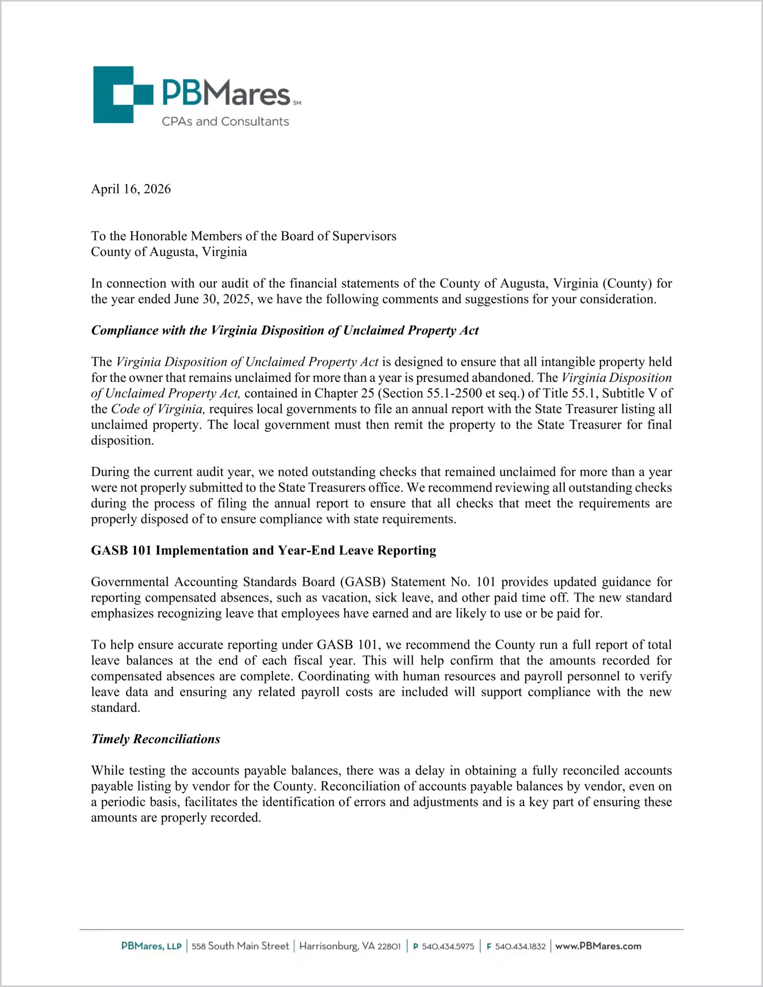 preview of 2025 Management Letter for County of Augusta