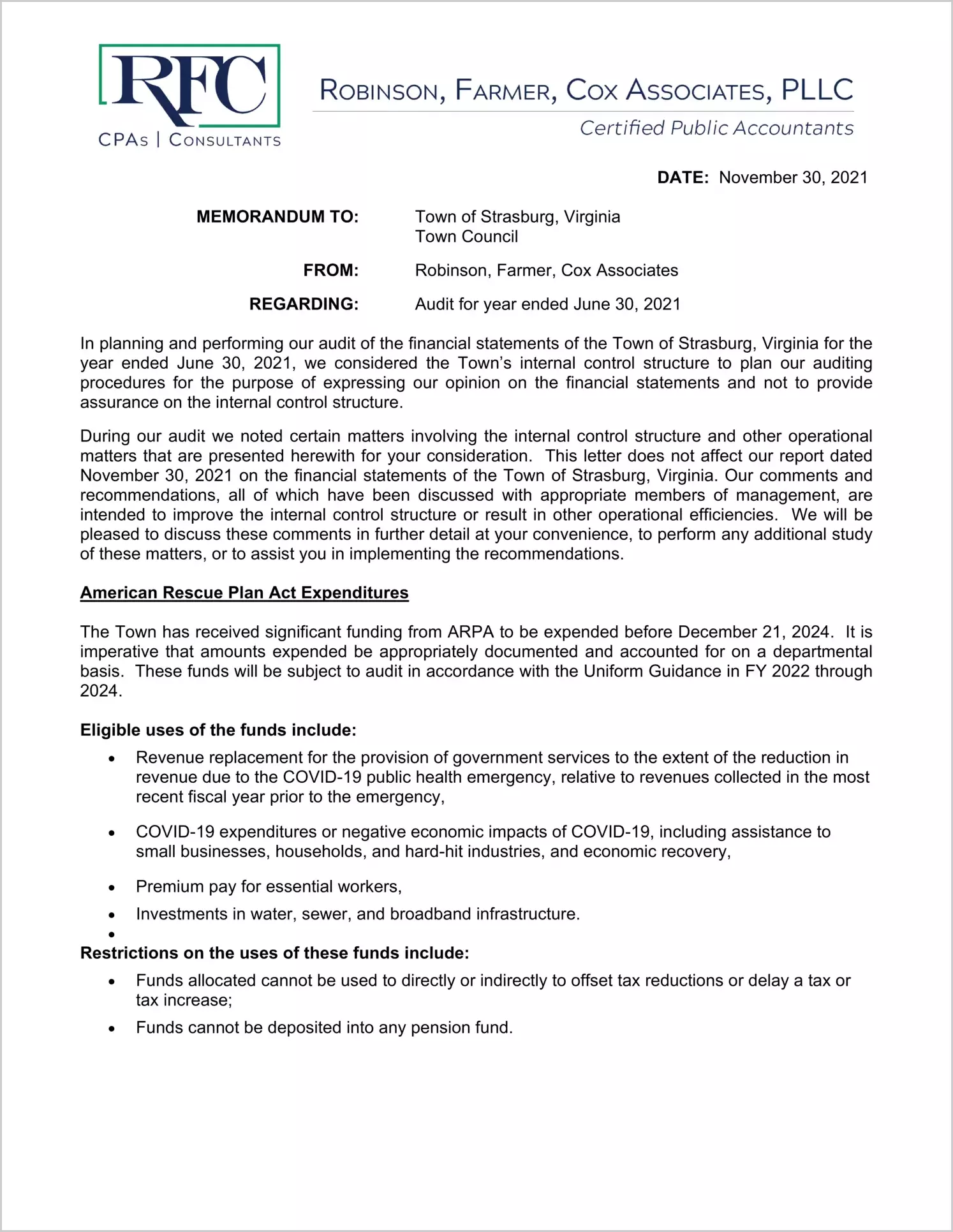preview of 2021 Management Letter for Town of Strasburg