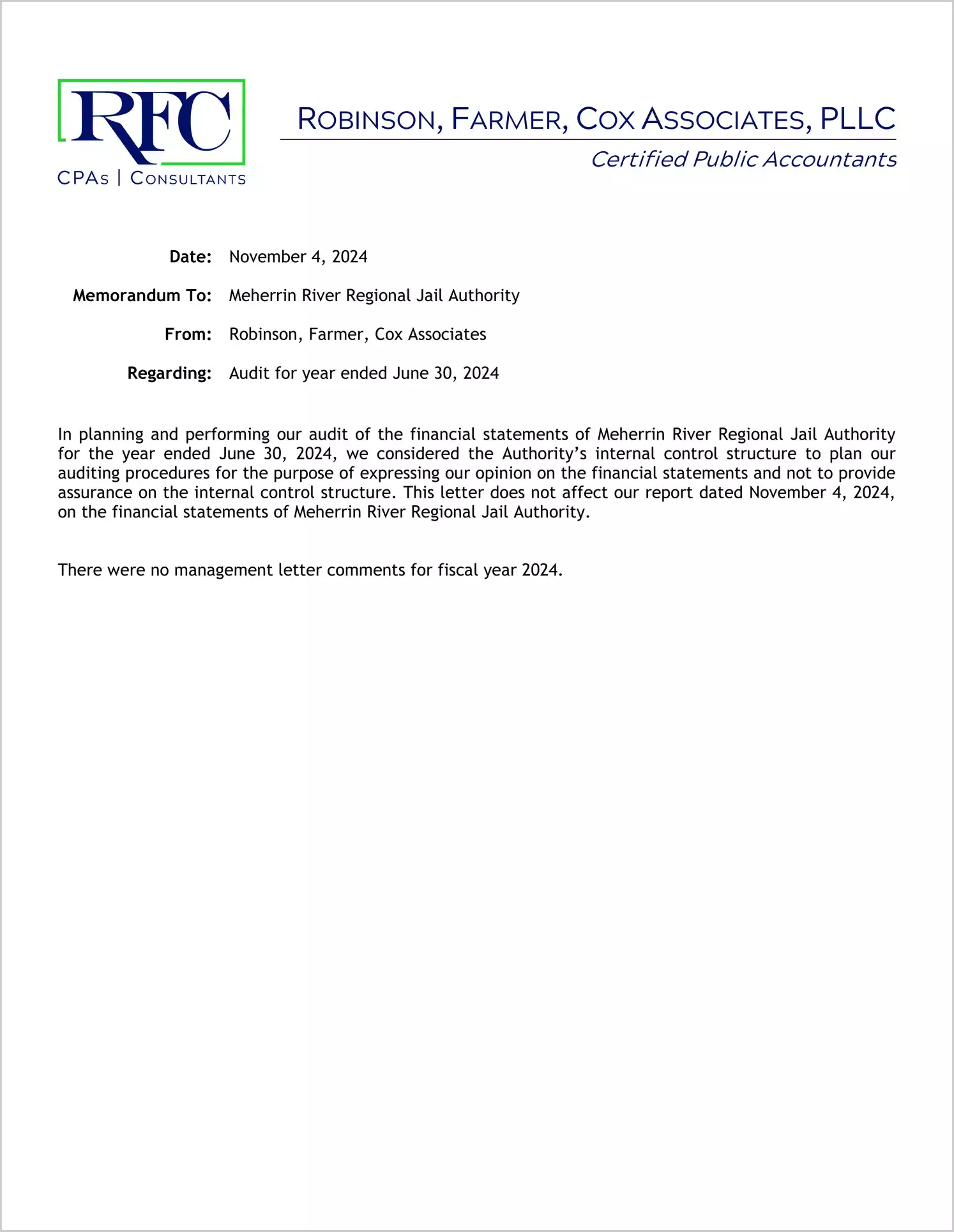 preview of 2024 ABC/Other Management Letter for Meherrin River Regional Jail Authority