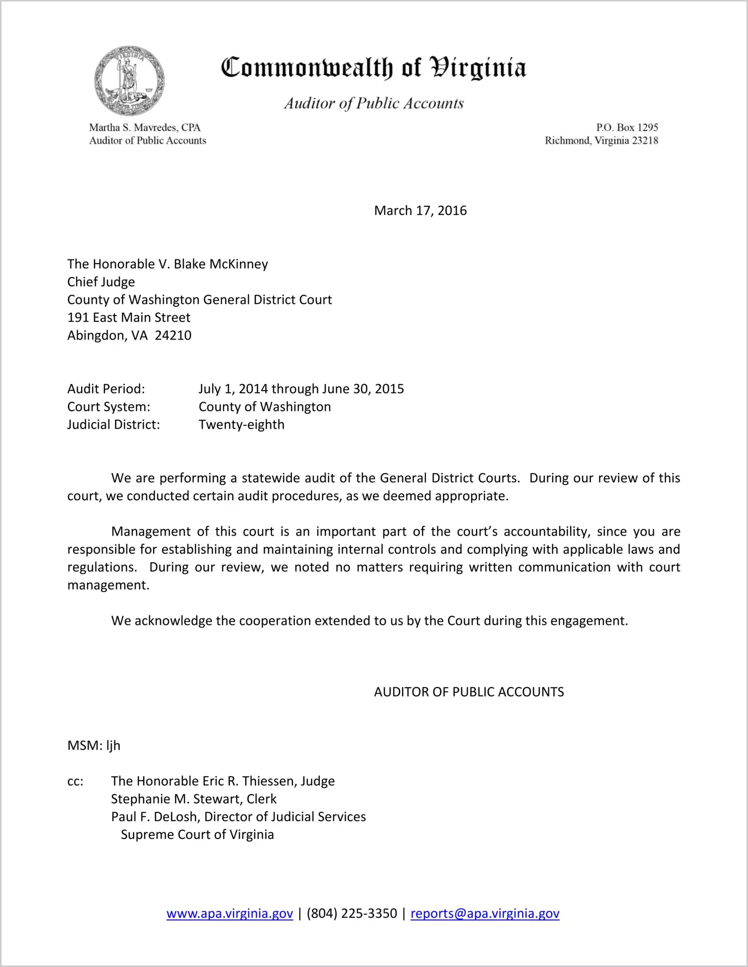 Clerk of the General District Court for the County of Washington Report on Audit for the period July 1, 2014 through June 30, 2015