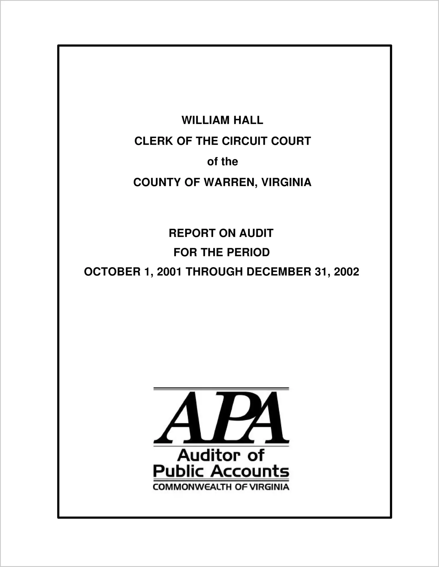 Clerk of the Circuit Court for the County of Warren for the period October 1, 2001 through December, 2002
