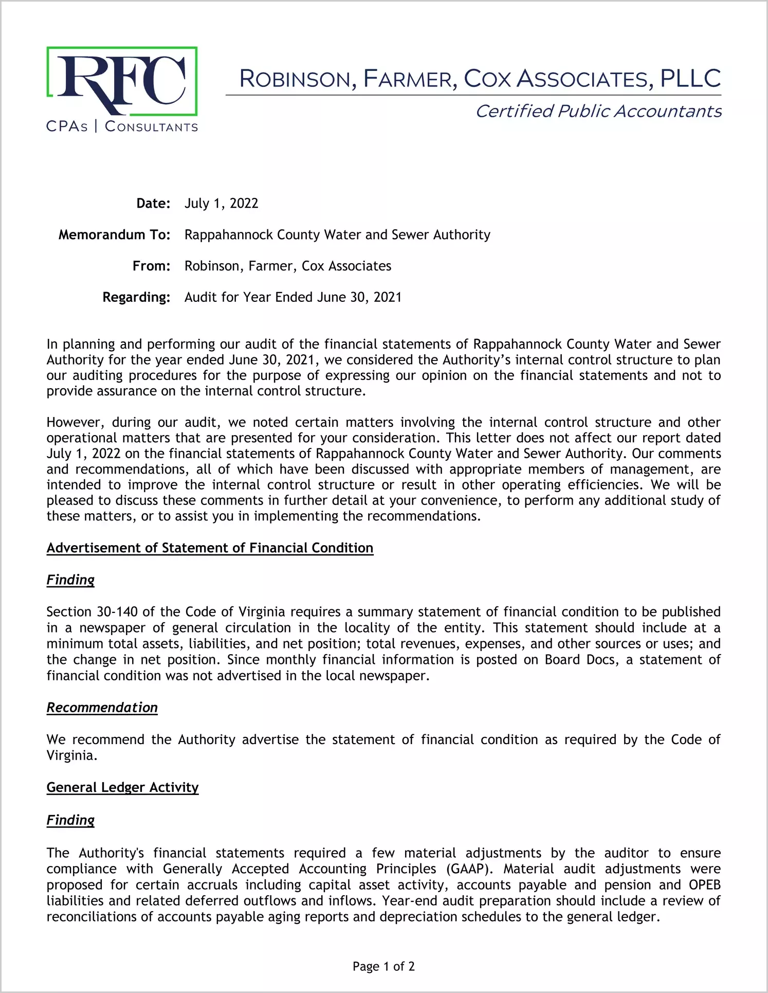 preview of 2021 ABC/Other Management Letter for Rappahannock Water and Sewer Authority