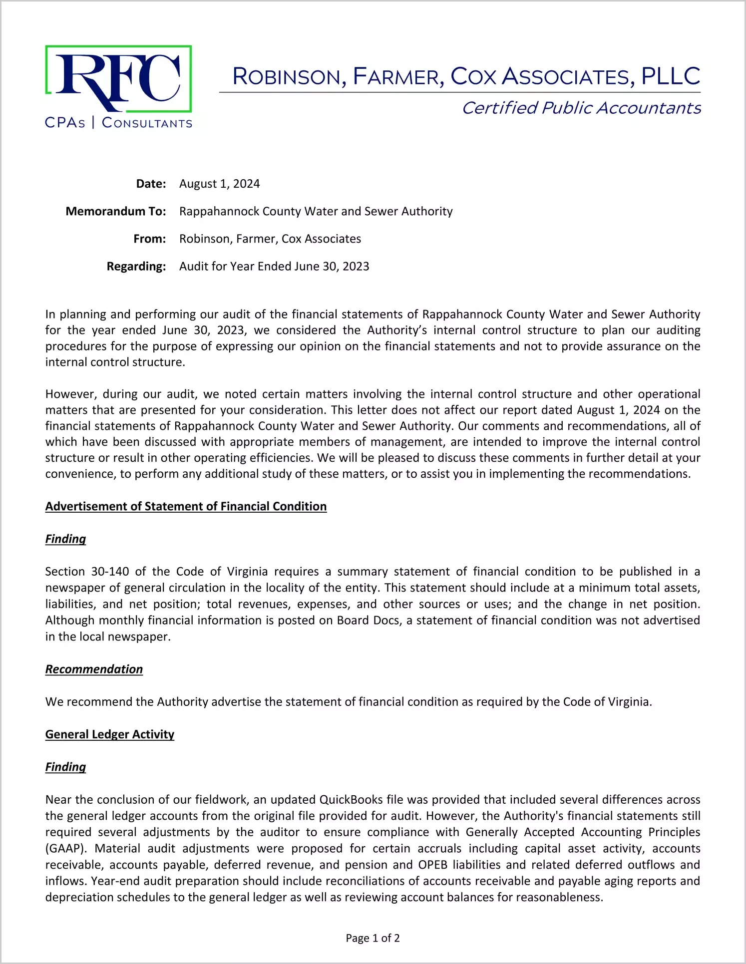 preview of 2023 ABC/Other Management Letter for Rappahannock County Water & Sewer Authority