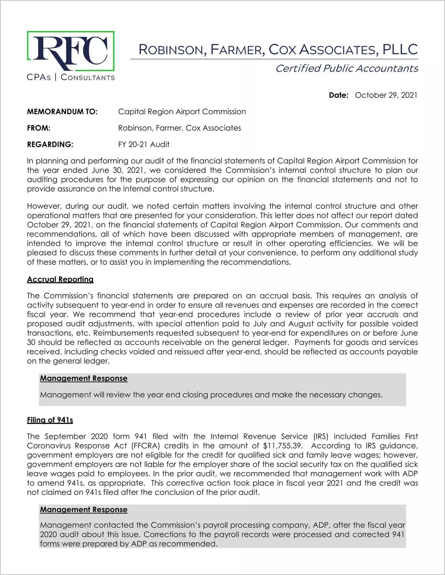 preview of 2021 ABC/Other Management Letter for Capital Region Airport Commission