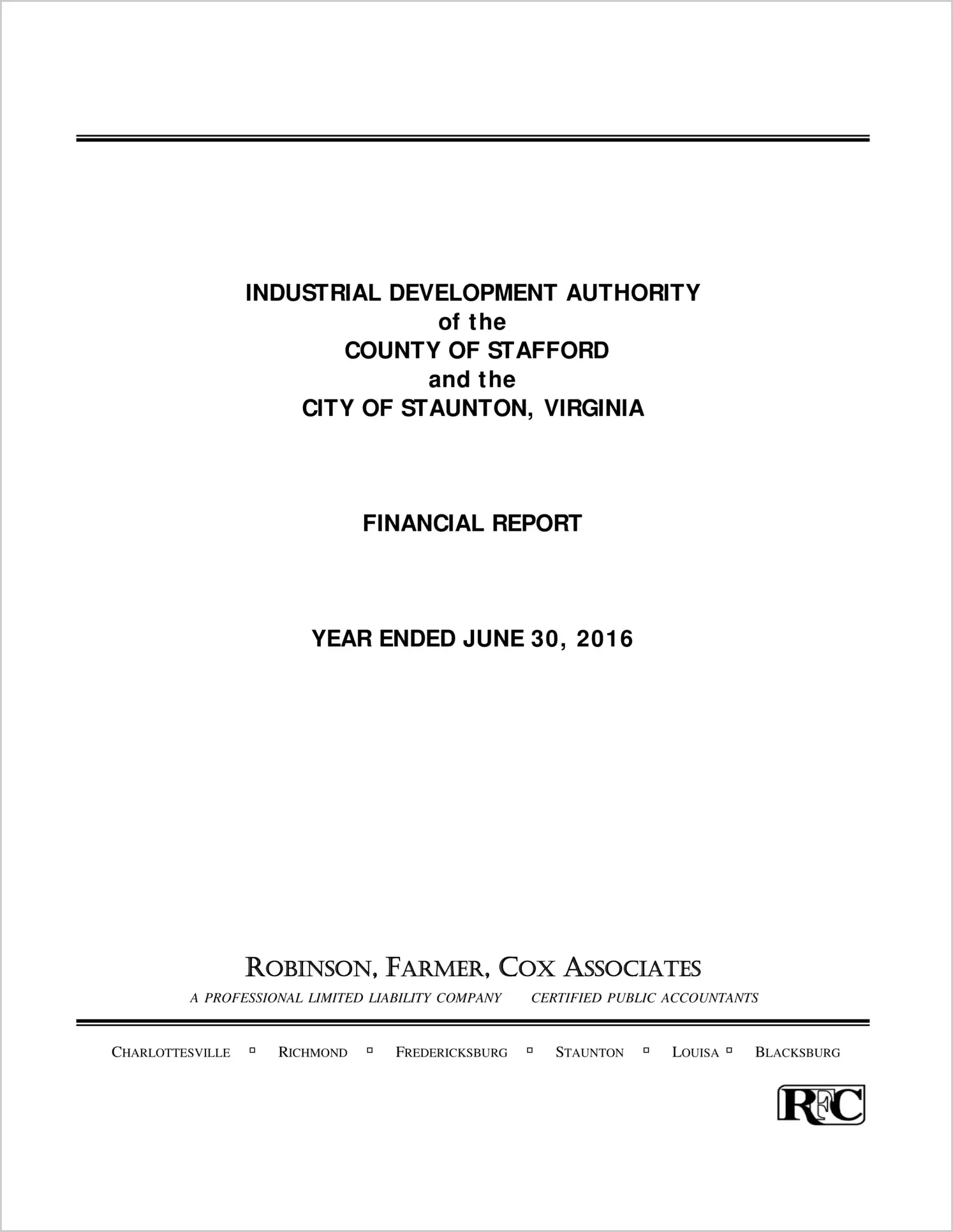 2016 ABC/Other Annual Financial Report  for Stafford-Staunton Industrial Development Authority