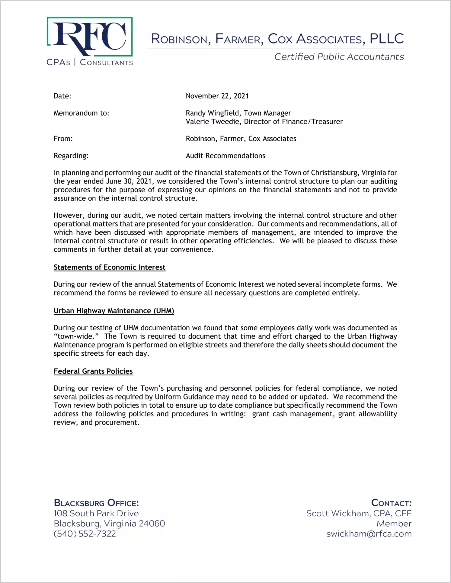 preview of 2021 Management Letter for Town of Christiansburg