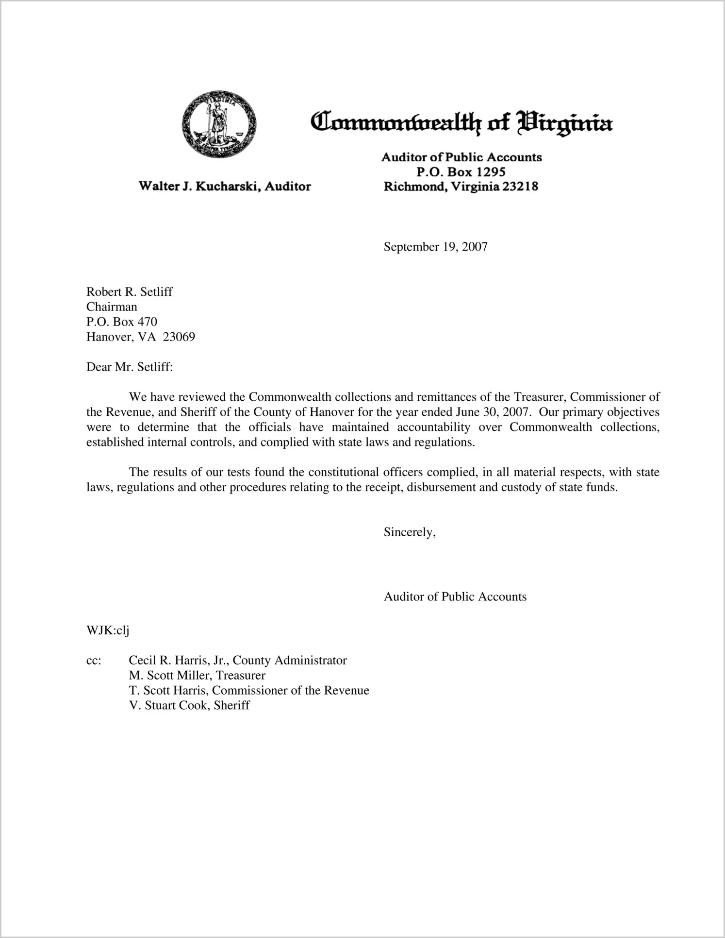 Commonwealth collections and remittances of the Treasurer, Commissioner of the Revenue, and Sheriff of the County of Hanover for the year ended June 30, 2007