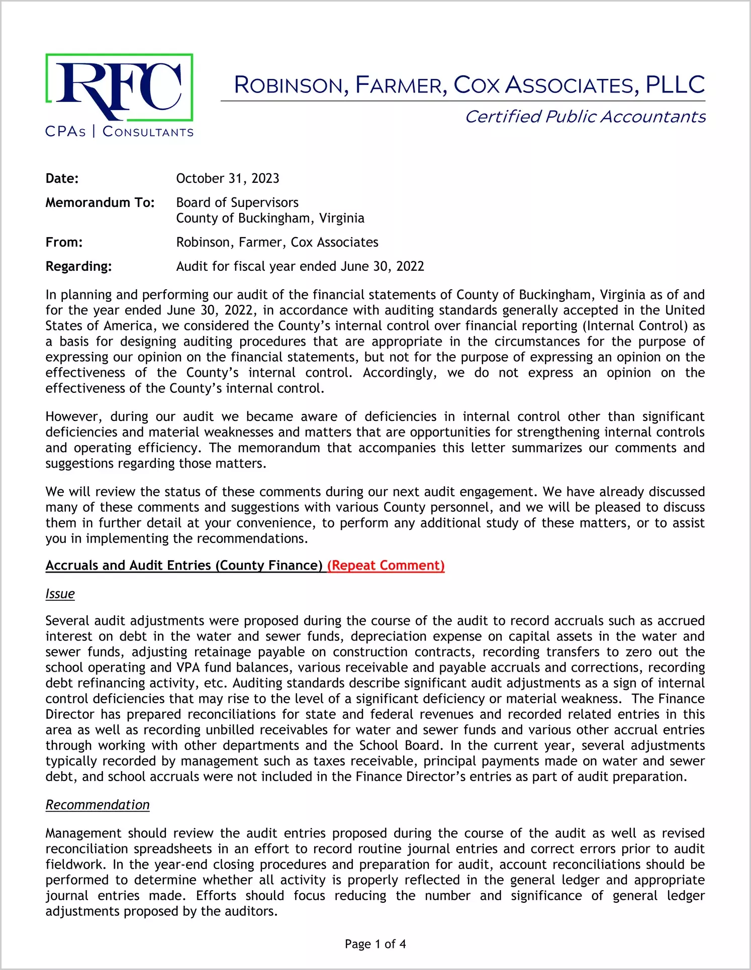 preview of 2022 Management Letter for County of Buckingham