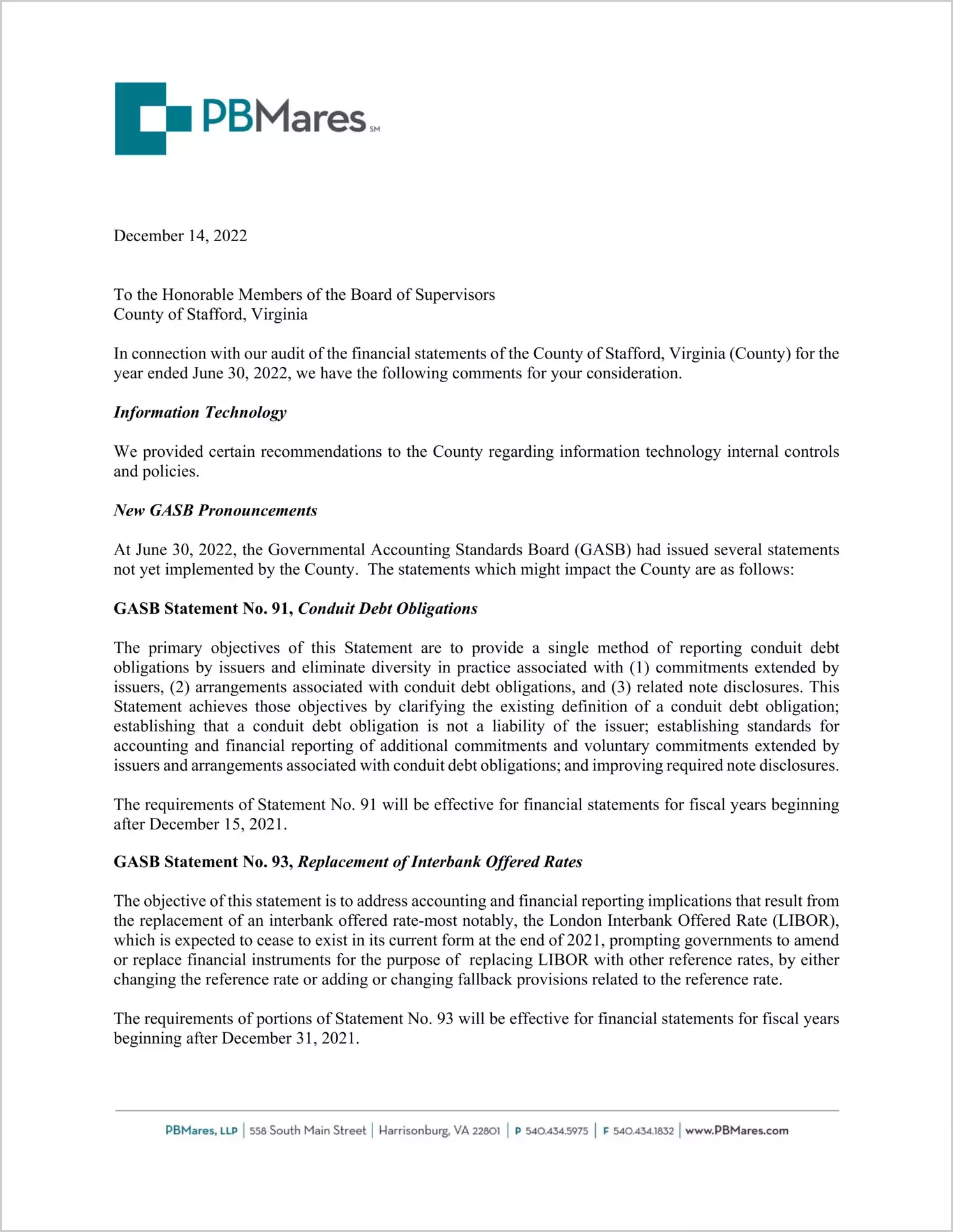 preview of 2022 Management Letter for County of Stafford
