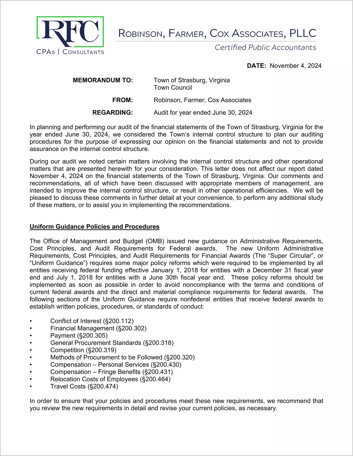 preview of 2024 Management Letter for Town of Strasburg