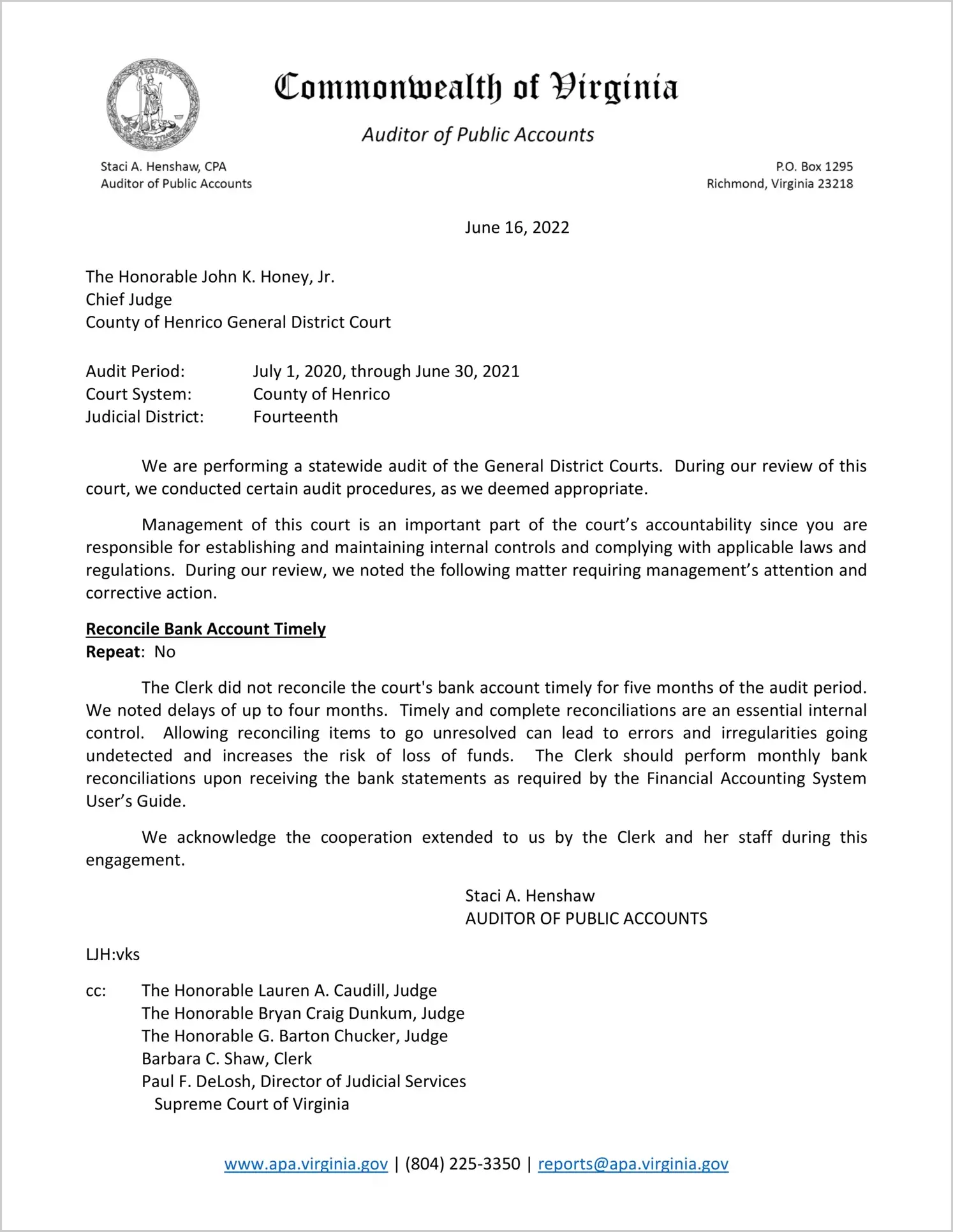 General District Court for the County of Henrico for the period July 1, 2020 through June 30, 2021