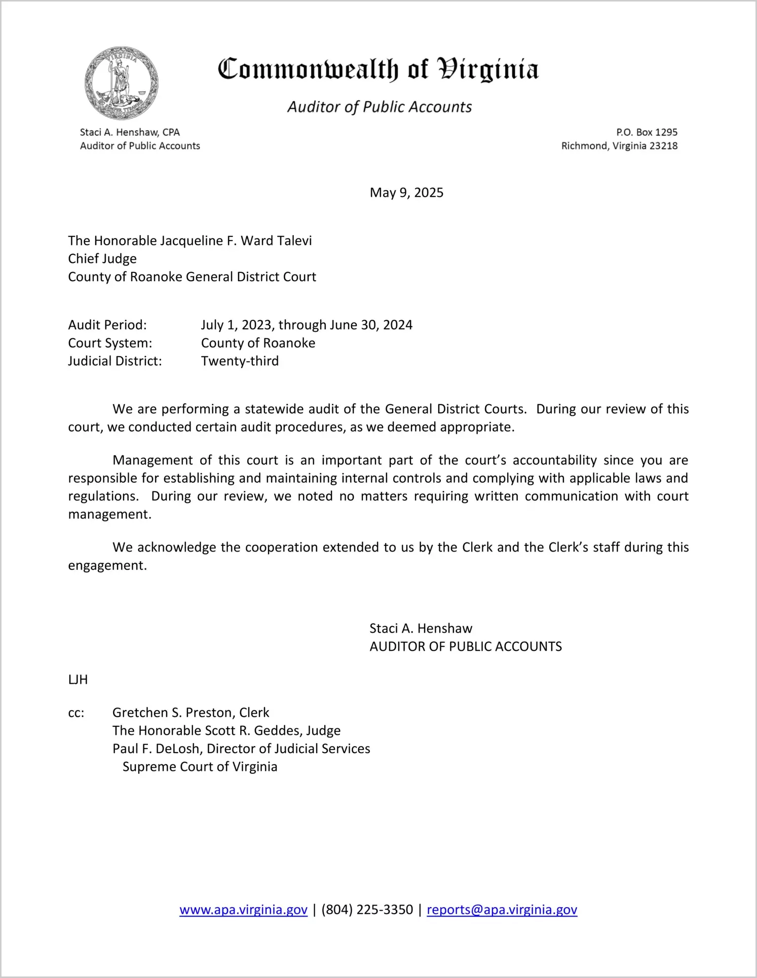 General District Court for the County of Roanoke for the period July 1, 2023 through June 30, 2024