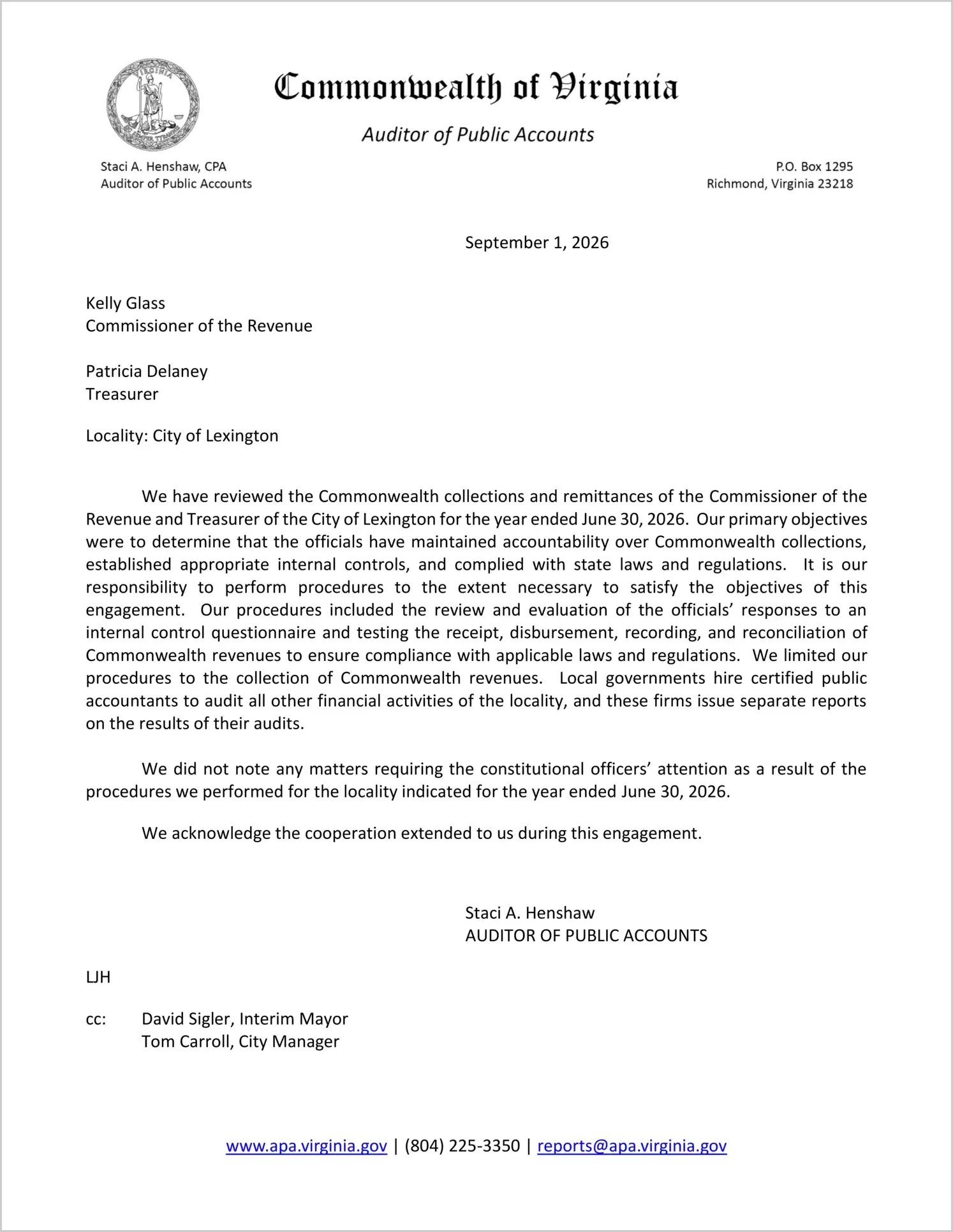 preview of Commonwealth Collections and Remittances of the Commissioner of the Revenue and Treasurer for the City of Lexington for the year ended June 30, 2026