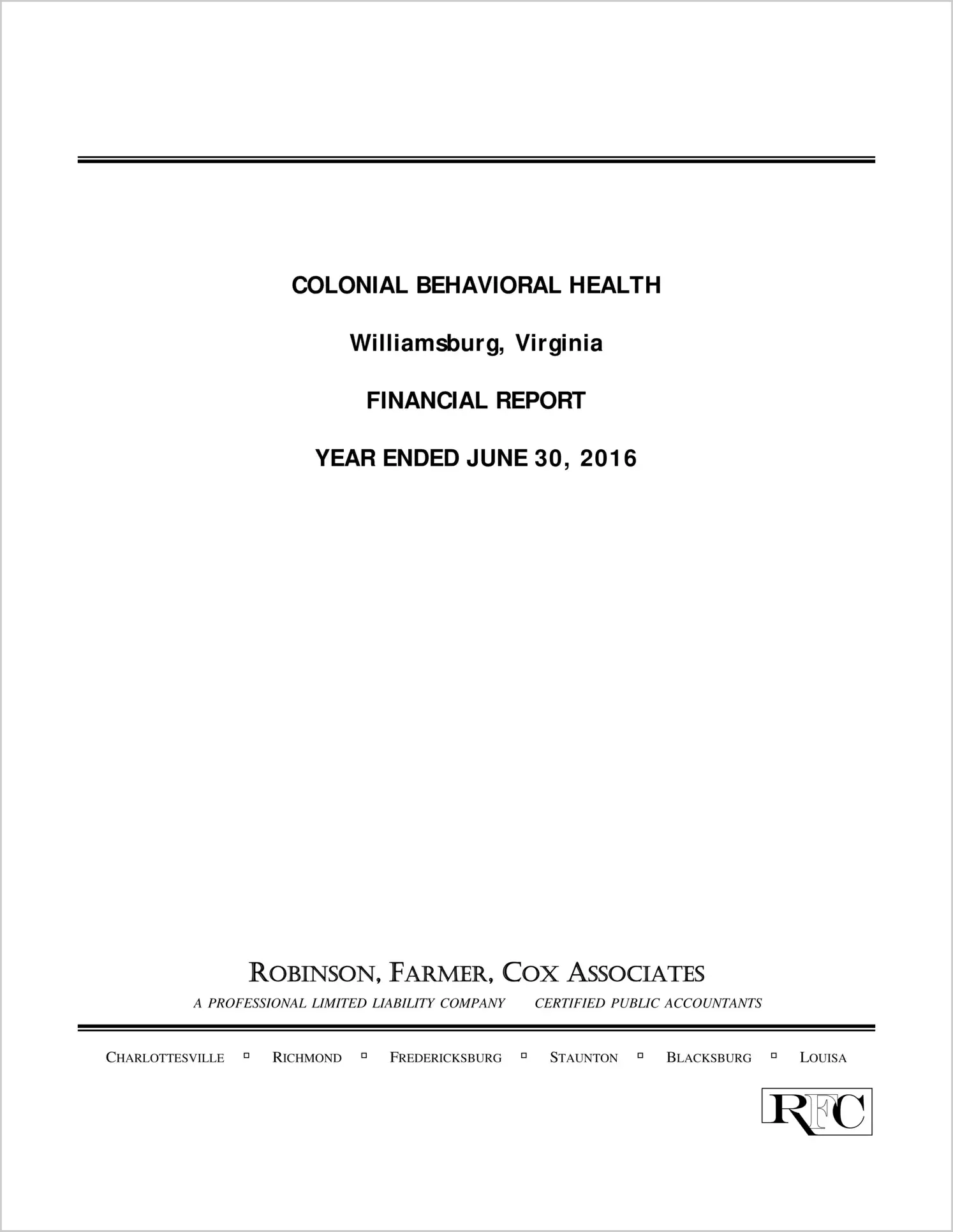 2016 ABC/Other Annual Financial Report  for Colonial Behavioral Health