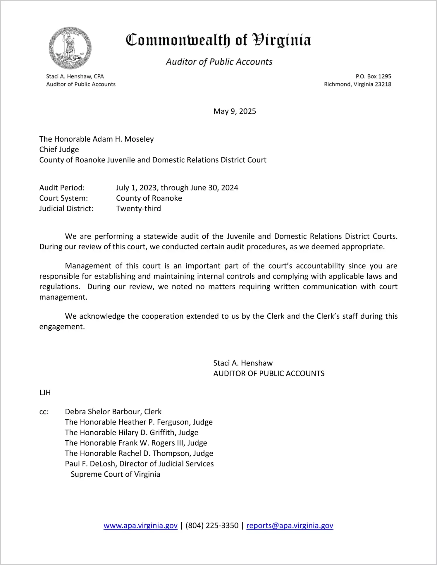 Juvenile and Domestic Relations District Court for the County of Roanoke for the period July 1, 2023 through June 30, 2024
