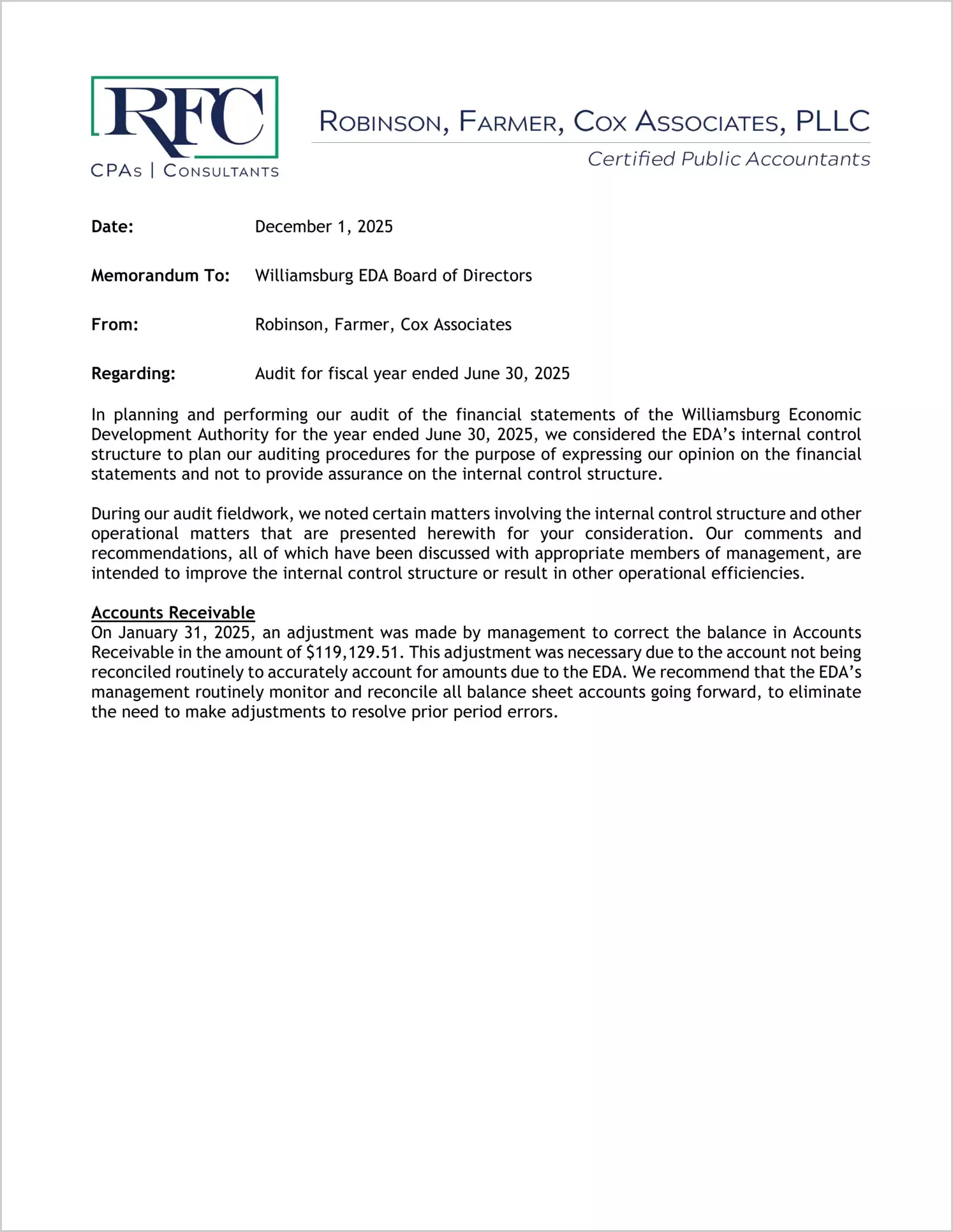 preview of 2025 ABC/Other Management Letter for Williamsburg Economic Development Authority