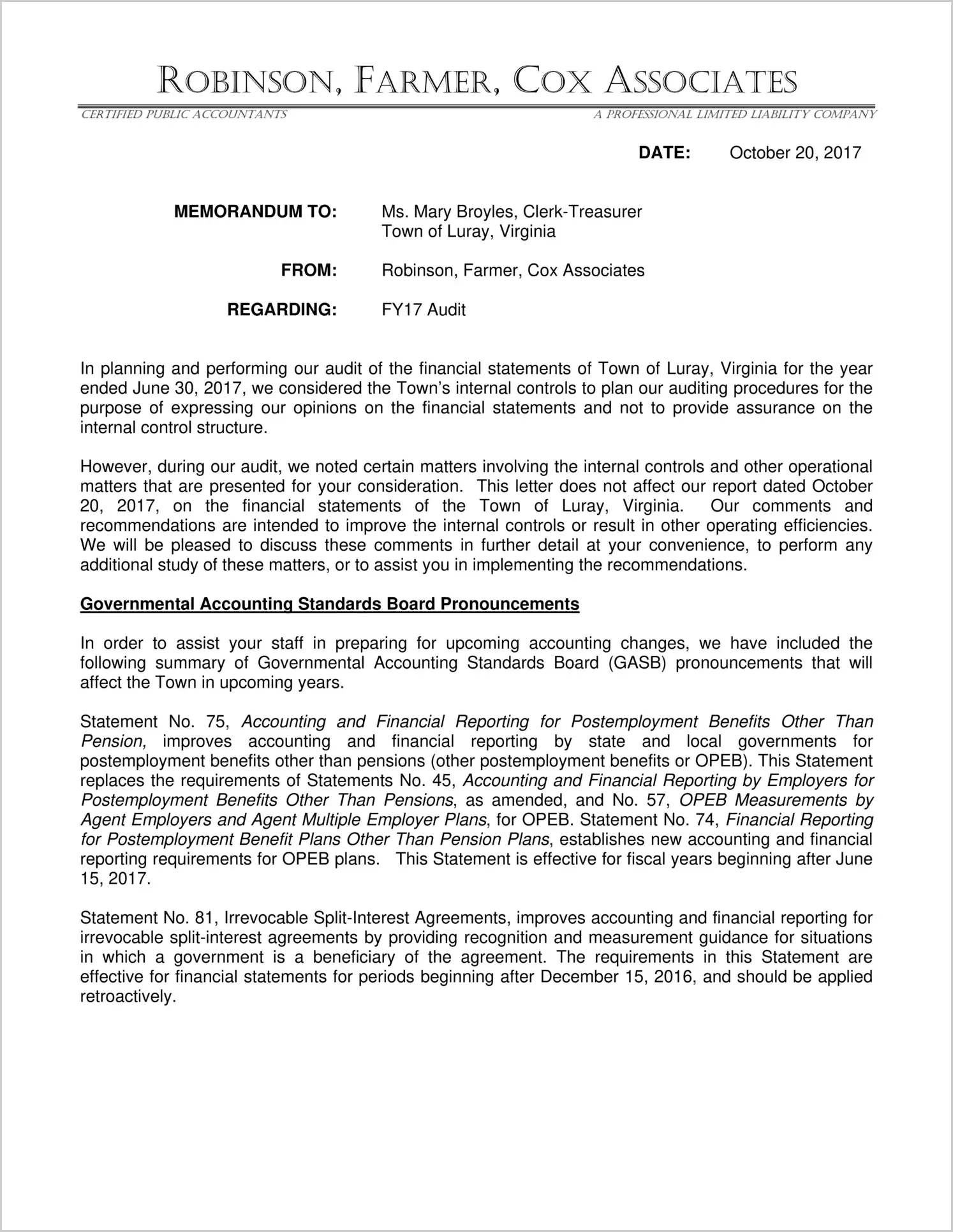 2017 Management Letter for Town of Luray