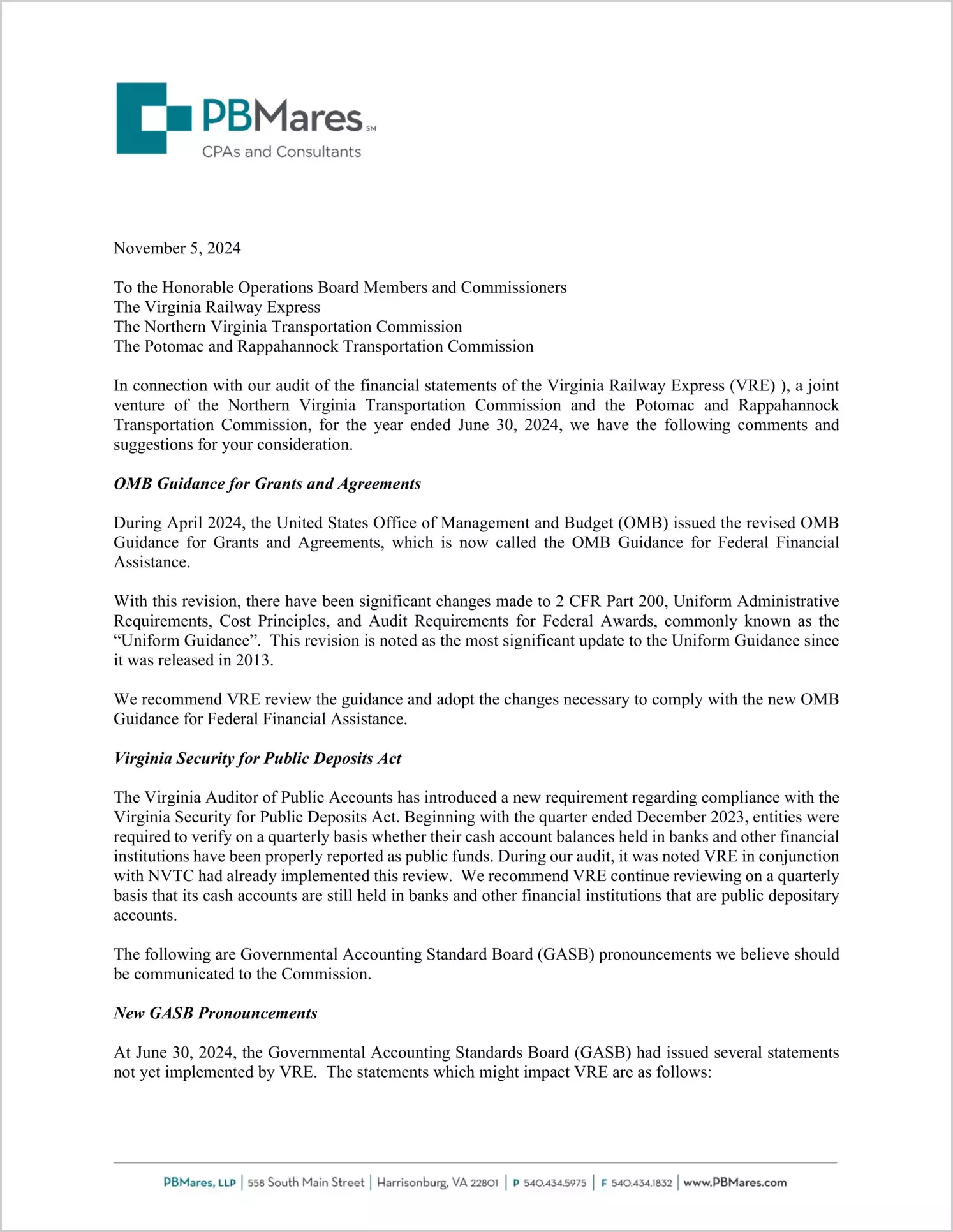 preview of 2024 ABC/Other Management Letter for Virginia Railway Express
