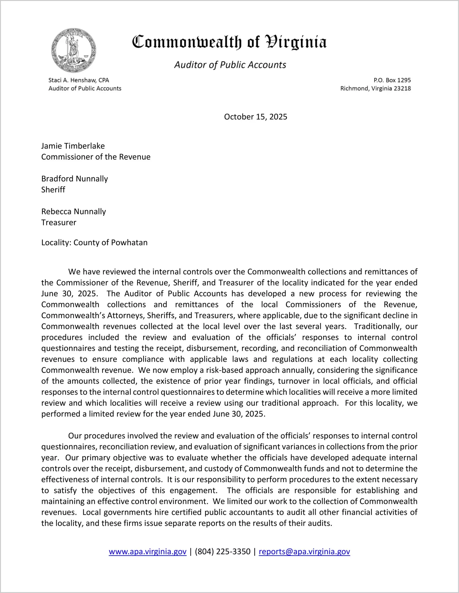 Commonwealth Collections and Remittances of the Commissioner of the Revenue, Sheriff, and Treasurer for the County of Powhatan for the year ended June 30, 2025